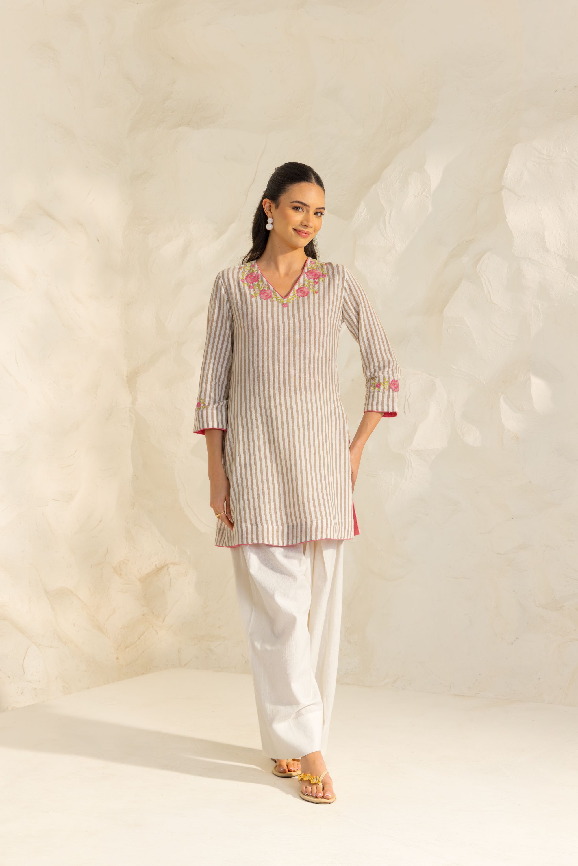 Zainab Beige Embroidered Yarn Dyed Handcrafted Kurta Set with Farshi Salwar