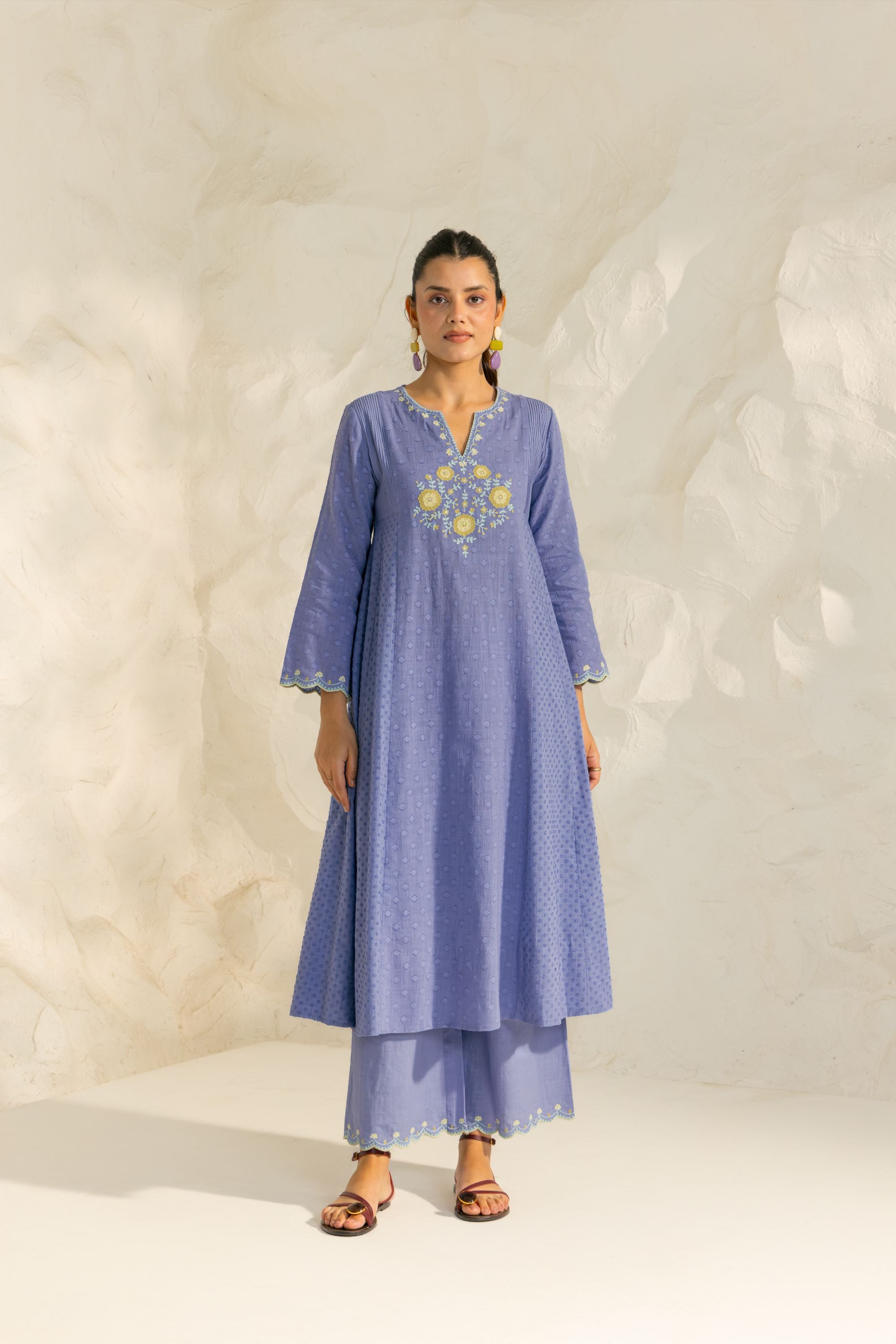 Kiara Blue Cotton Slub Jacquard Handcrafted Kurta Set with Aari Embroidery