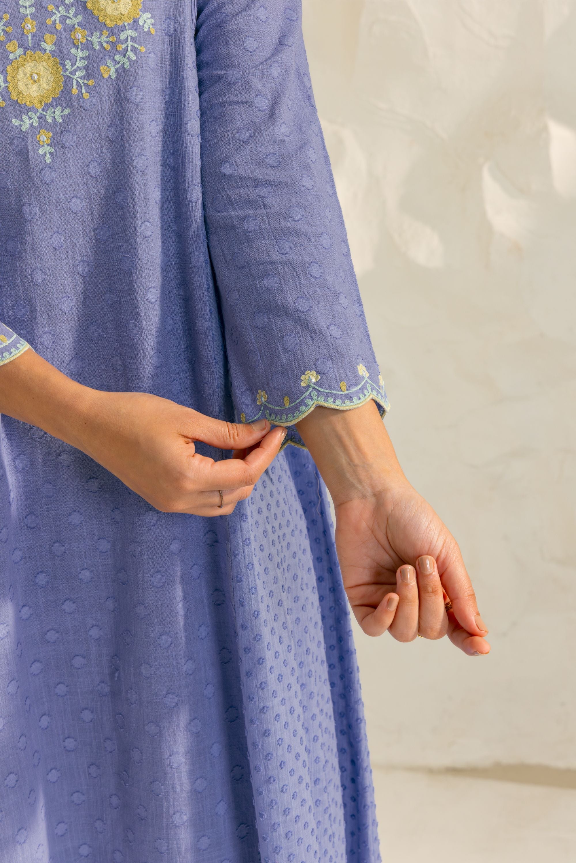 Kiara Blue Cotton Slub Jacquard Handcrafted Kurta Set with Aari Embroidery
