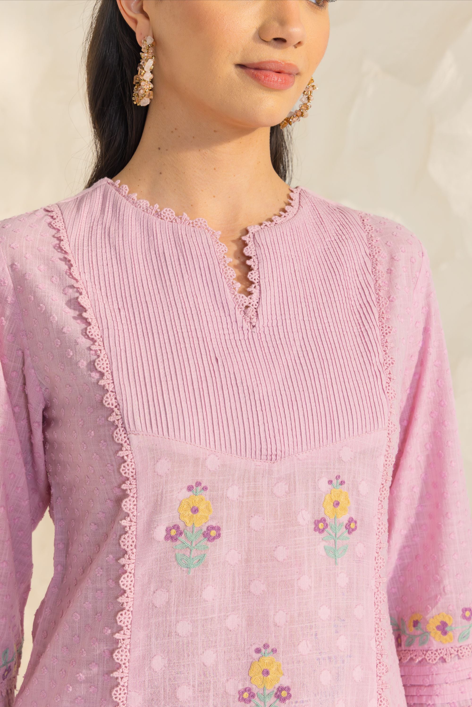 Laila Lavender Cotton Slub Jacquard Handcrafted Short Kurta Set with Aari embroidery and Farshi Salwar