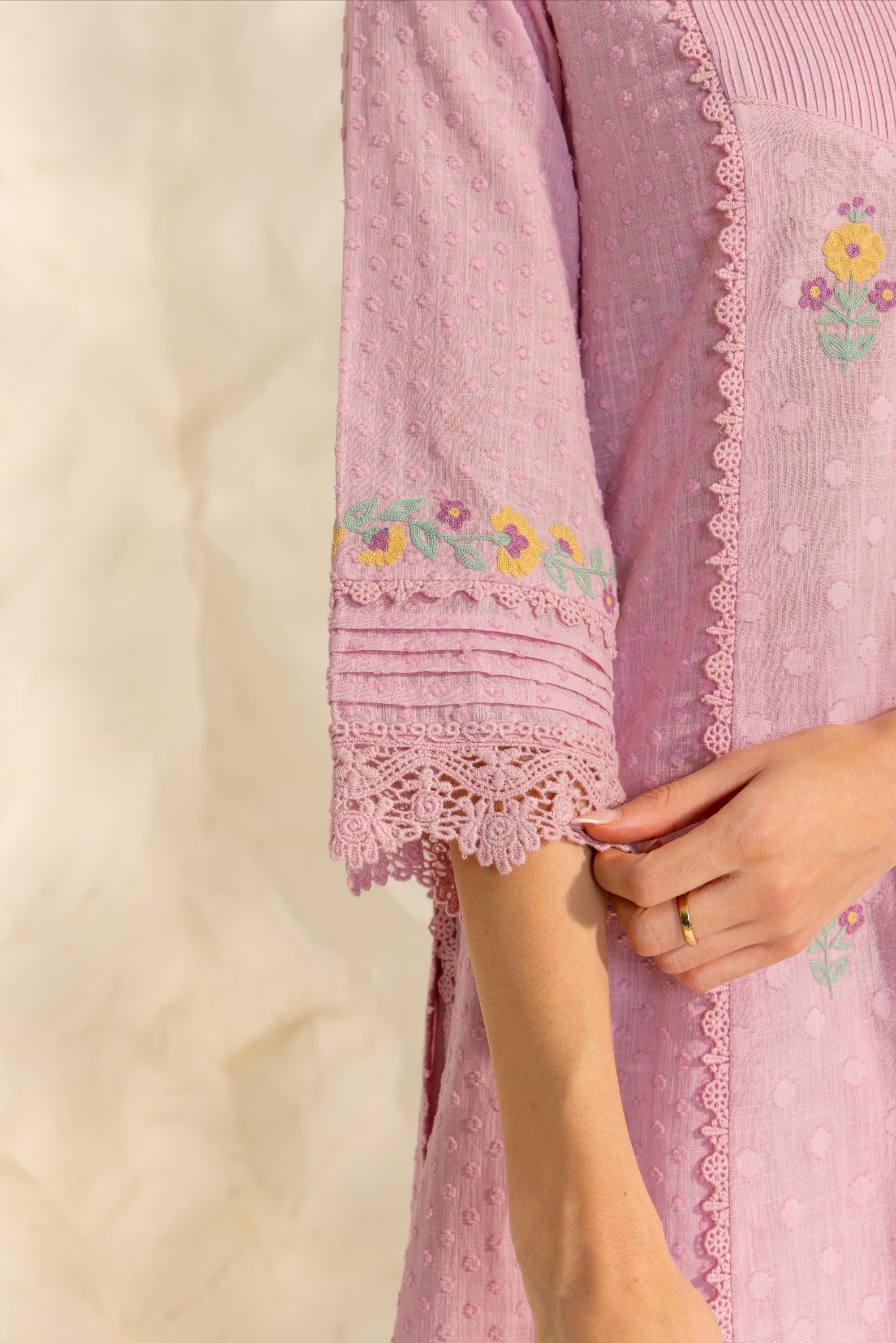 Laila Lavender Cotton Slub Jacquard Handcrafted Short Kurta Set with Aari embroidery and Farshi Salwar