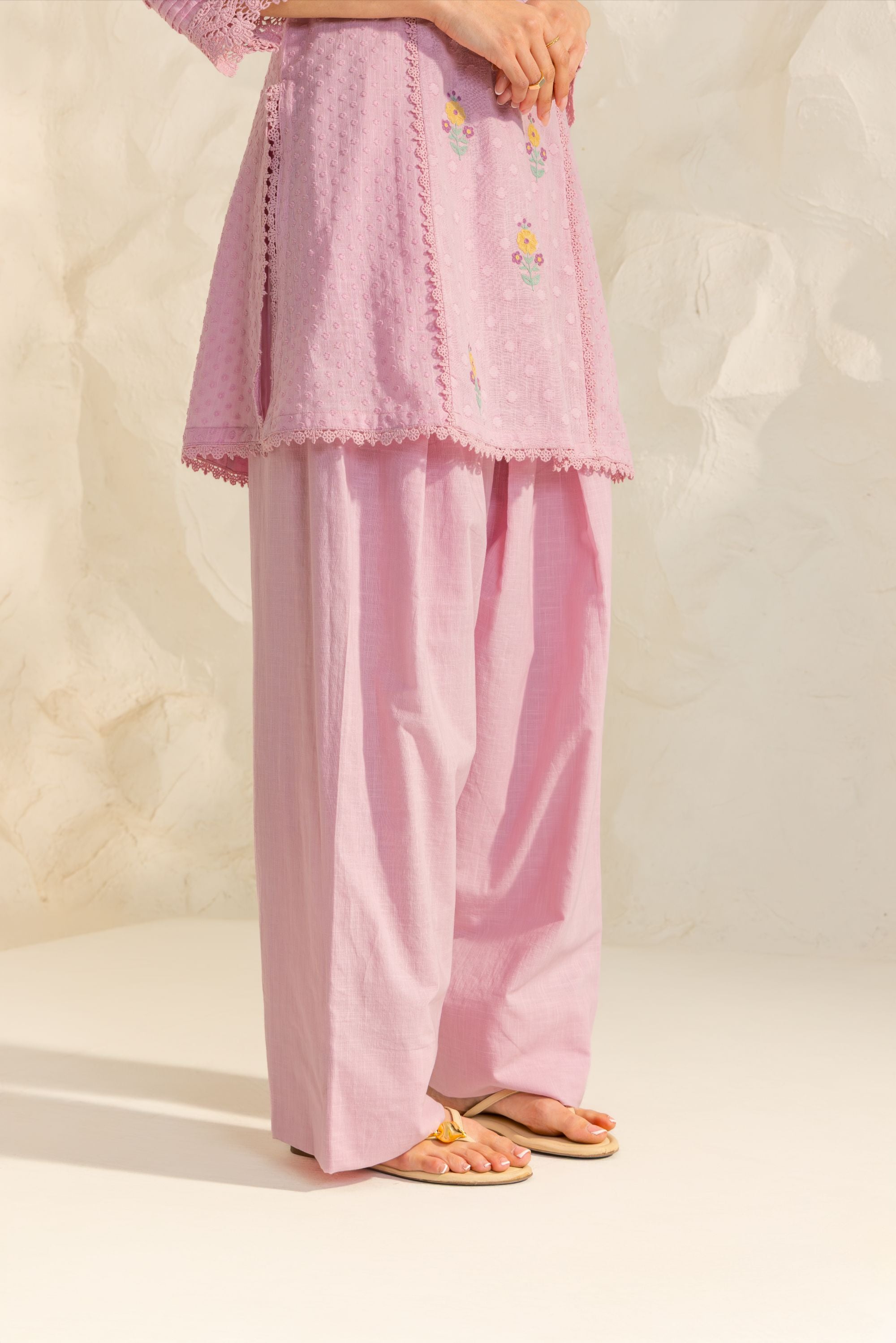 Laila Lavender Cotton Slub Jacquard Handcrafted Short Kurta Set with Aari embroidery and Farshi Salwar