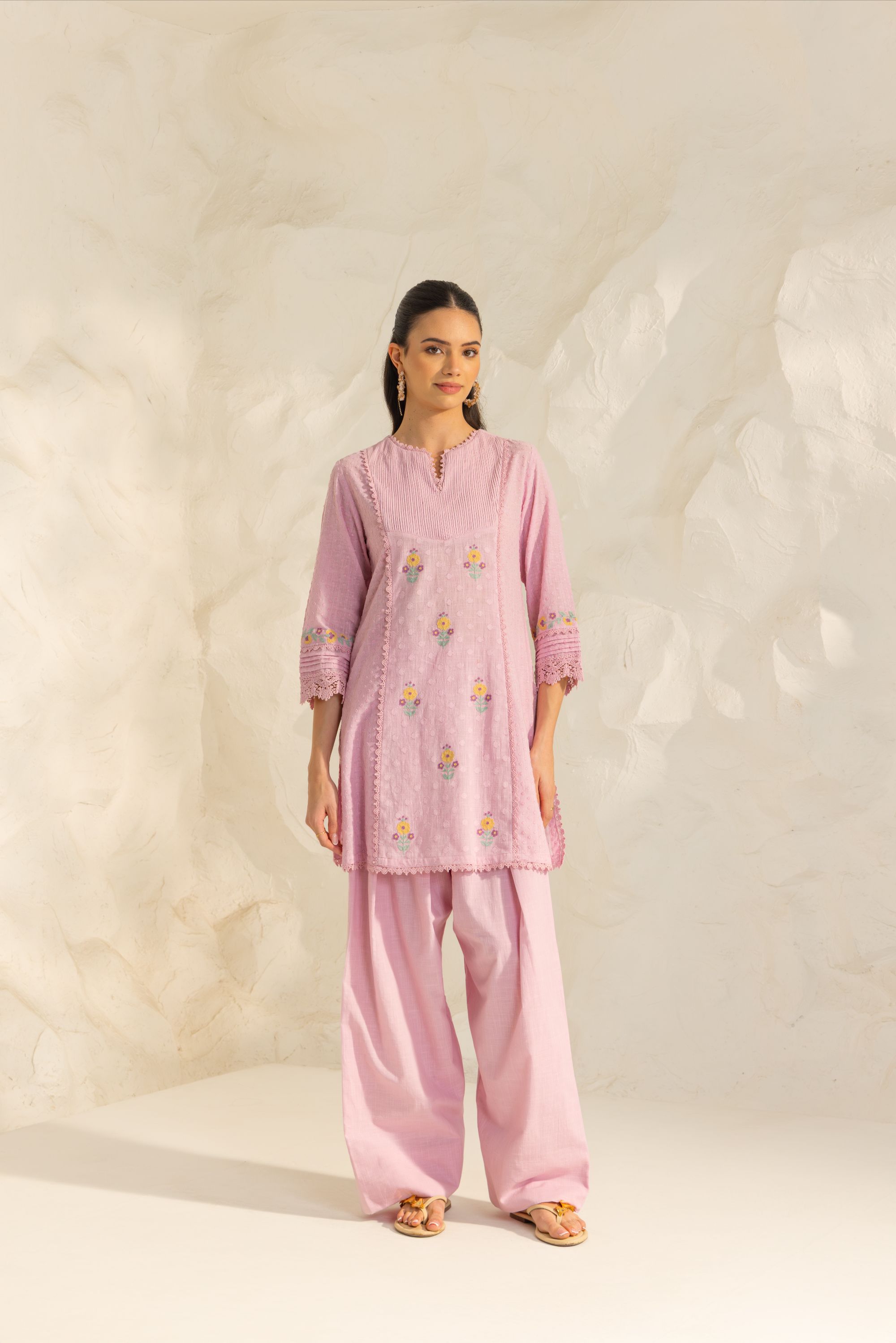 Laila Lavender Cotton Slub Jacquard Handcrafted Short Kurta Set with Aari embroidery and Farshi Salwar