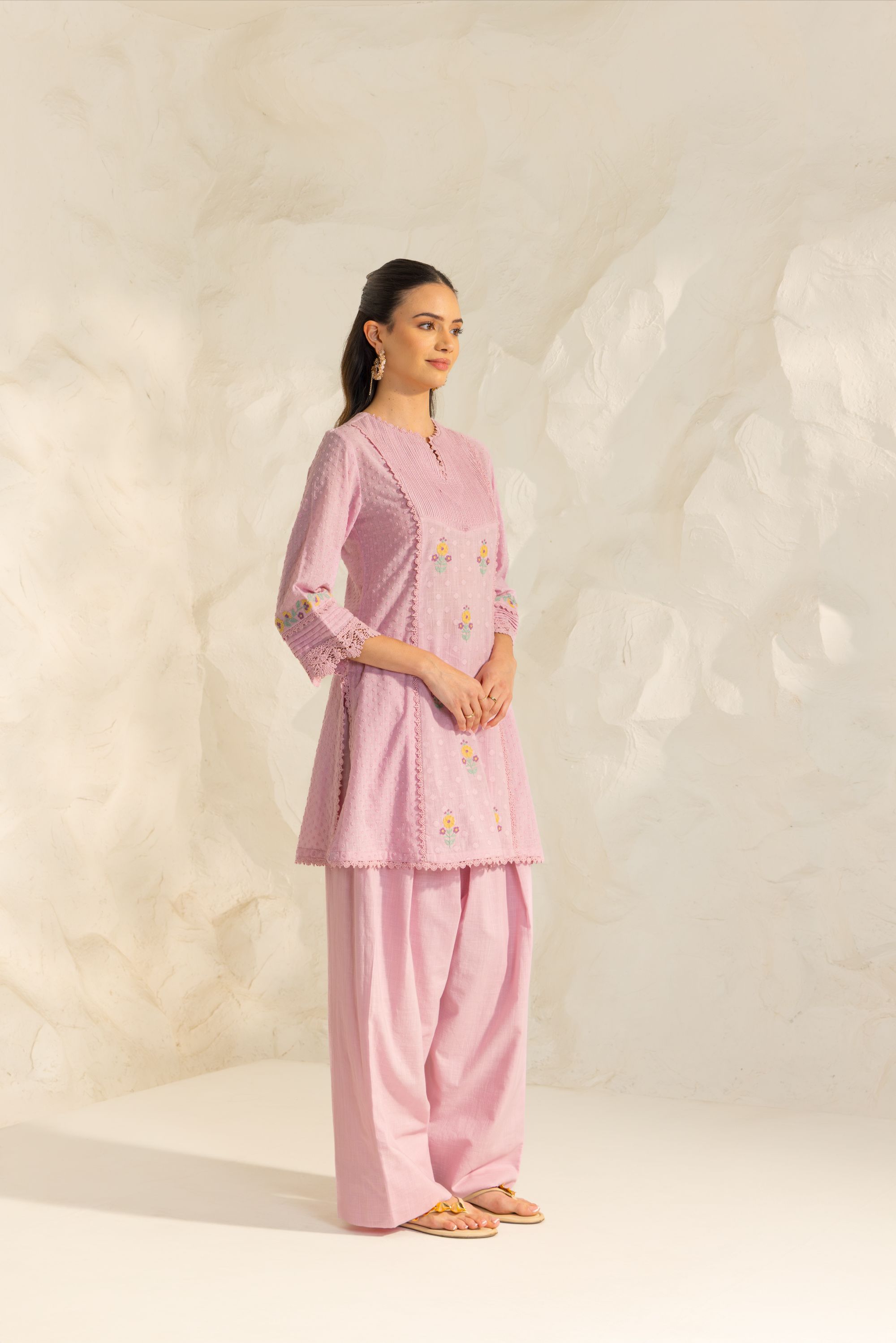Laila Lavender Cotton Slub Jacquard Handcrafted Short Kurta Set with Aari embroidery and Farshi Salwar