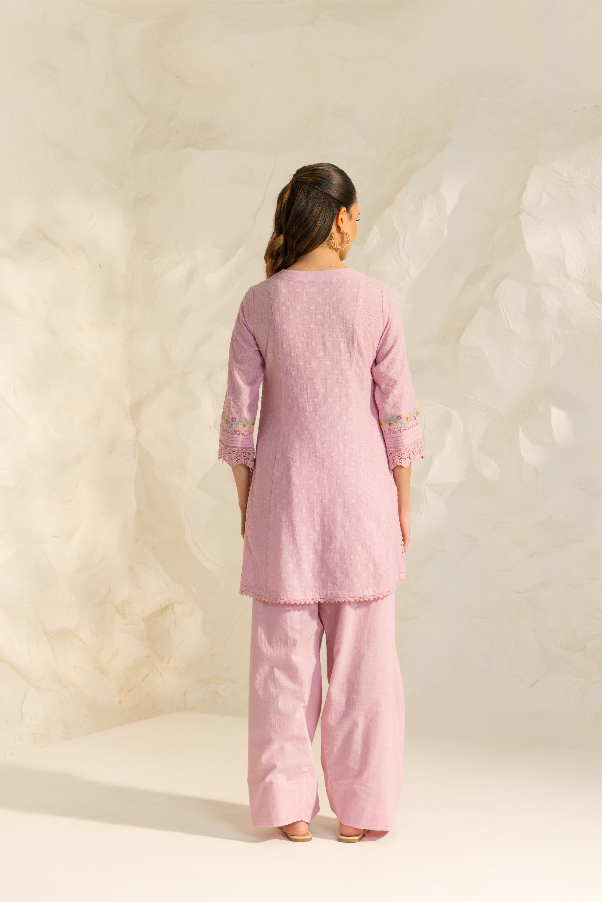 Laila Lavender Cotton Slub Jacquard Handcrafted Short Kurta Set with Aari embroidery and Farshi Salwar