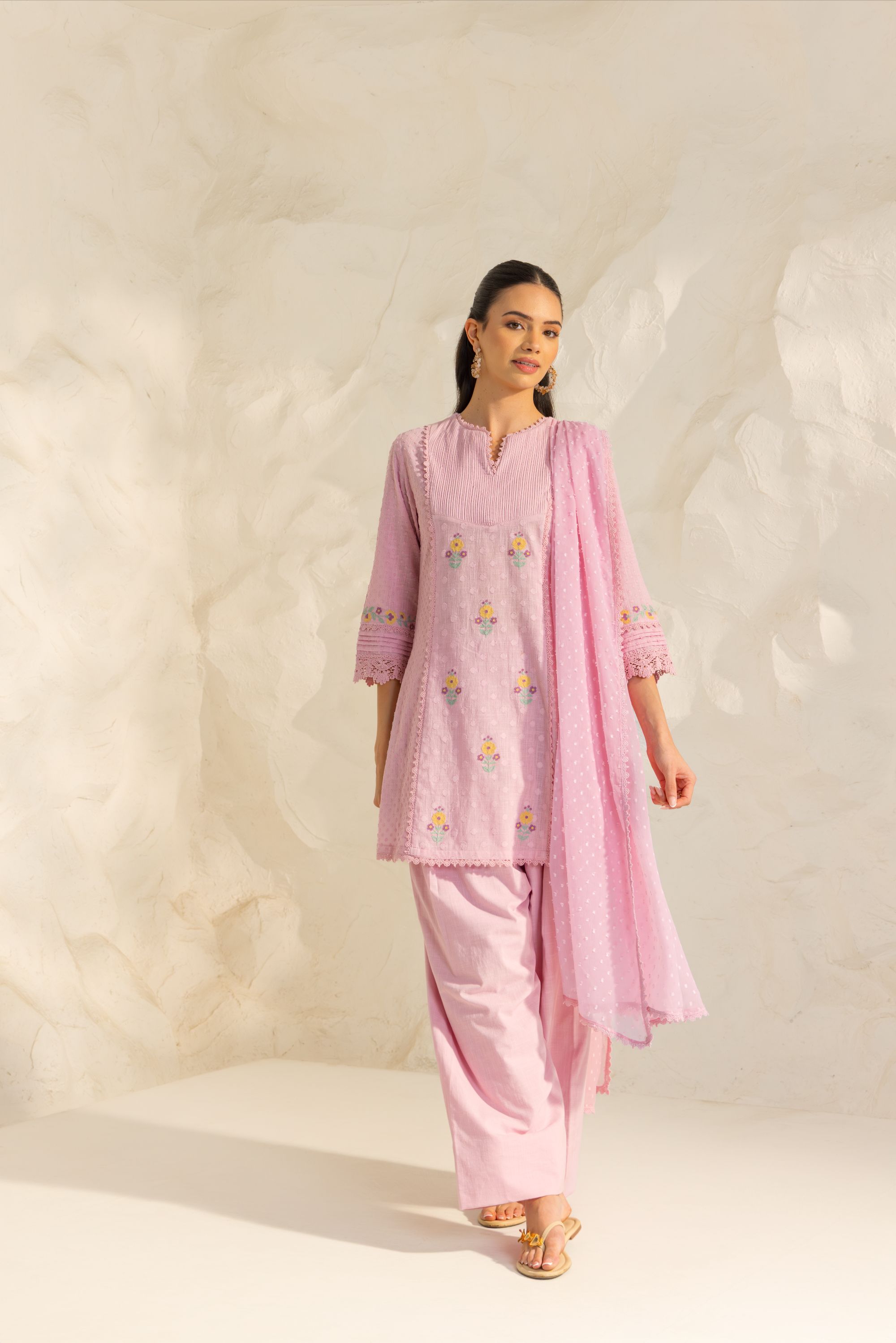 Laila Lavender Cotton Slub Jacquard Handcrafted Short Kurta Set with Aari embroidery and Farshi Salwar
