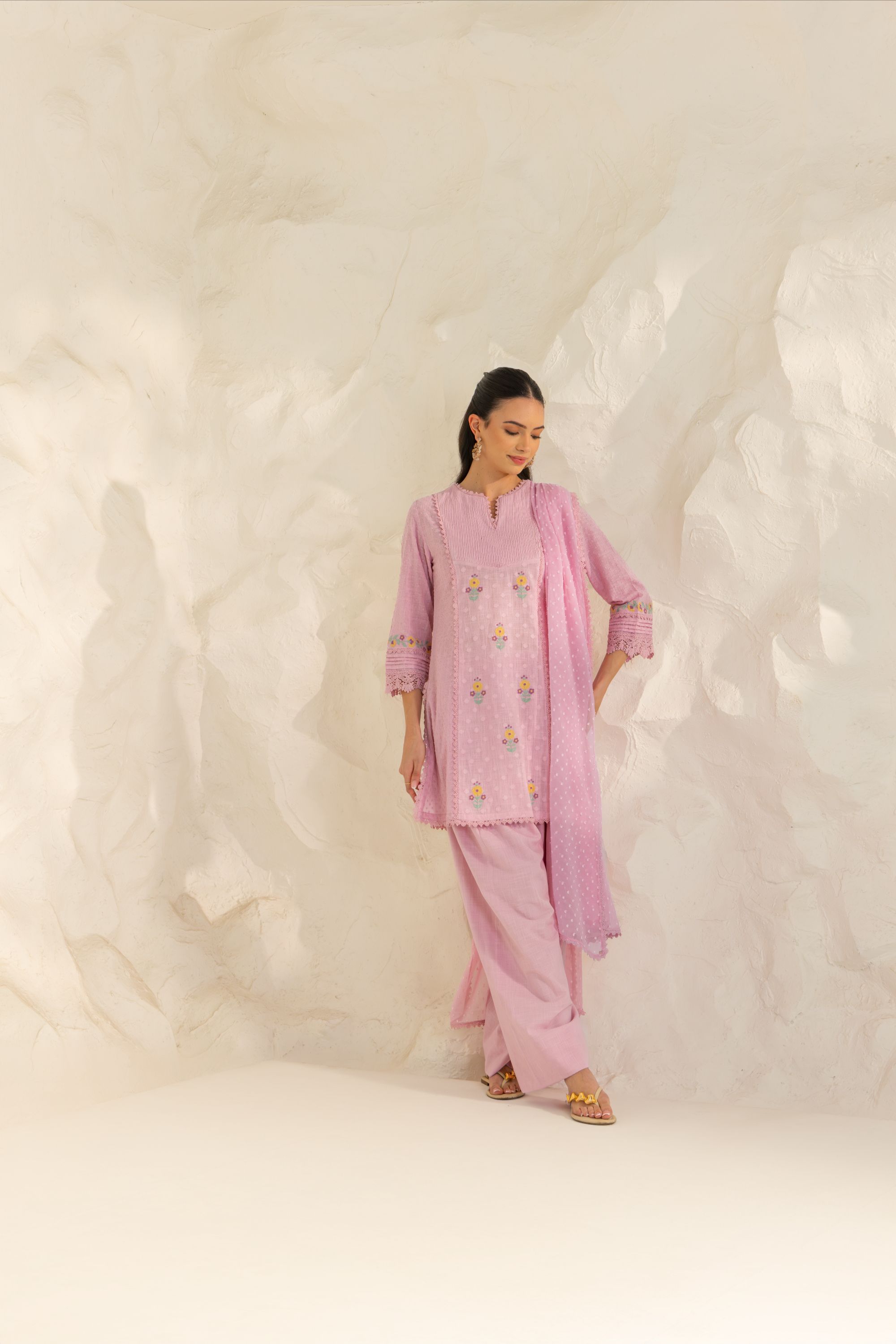 Laila Lavender Cotton Slub Jacquard Handcrafted Short Kurta Set with Aari embroidery and Farshi Salwar