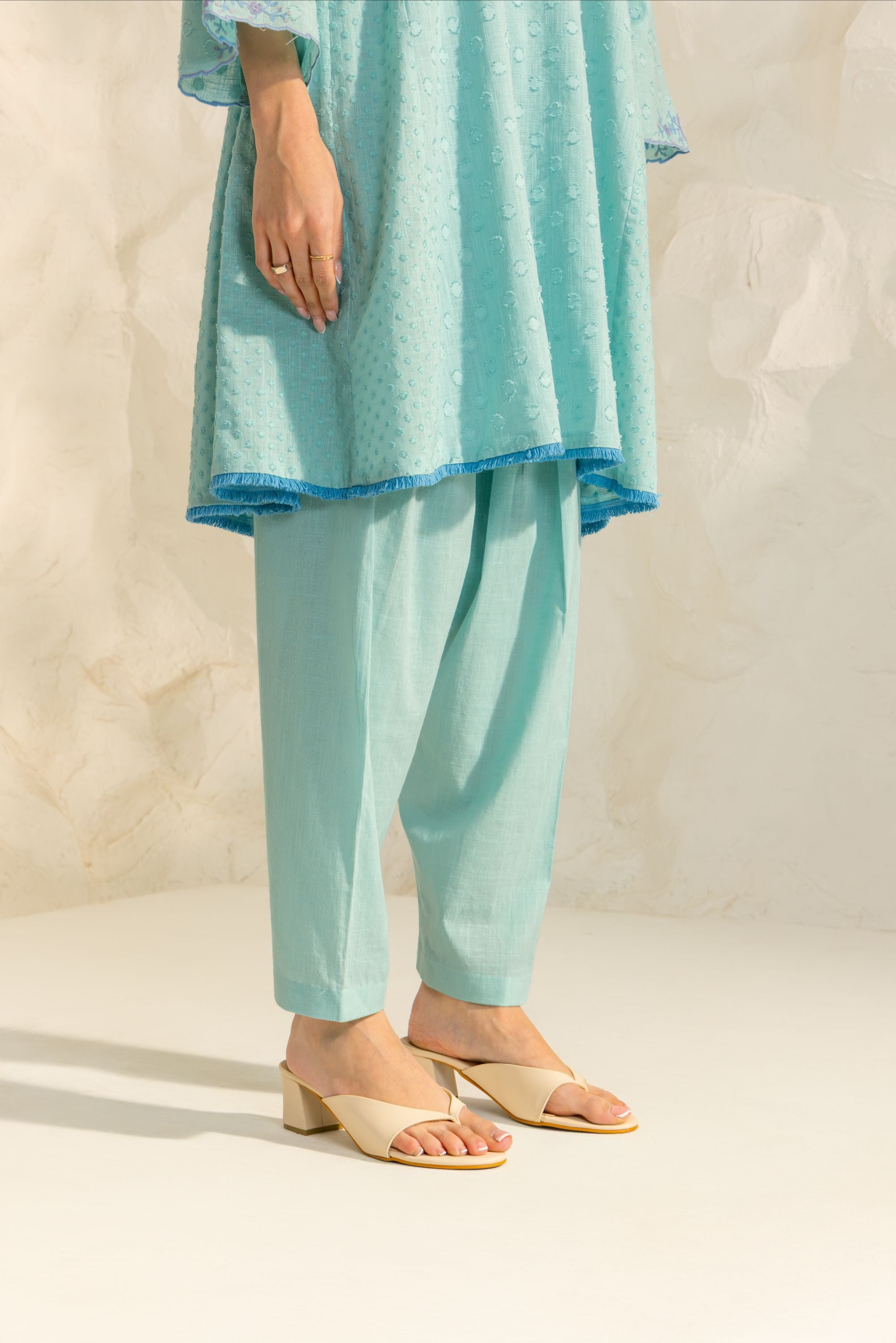 Azra Blue Cotton Slub Jacquard Handcrafted Choga set with Aari Embroidery
