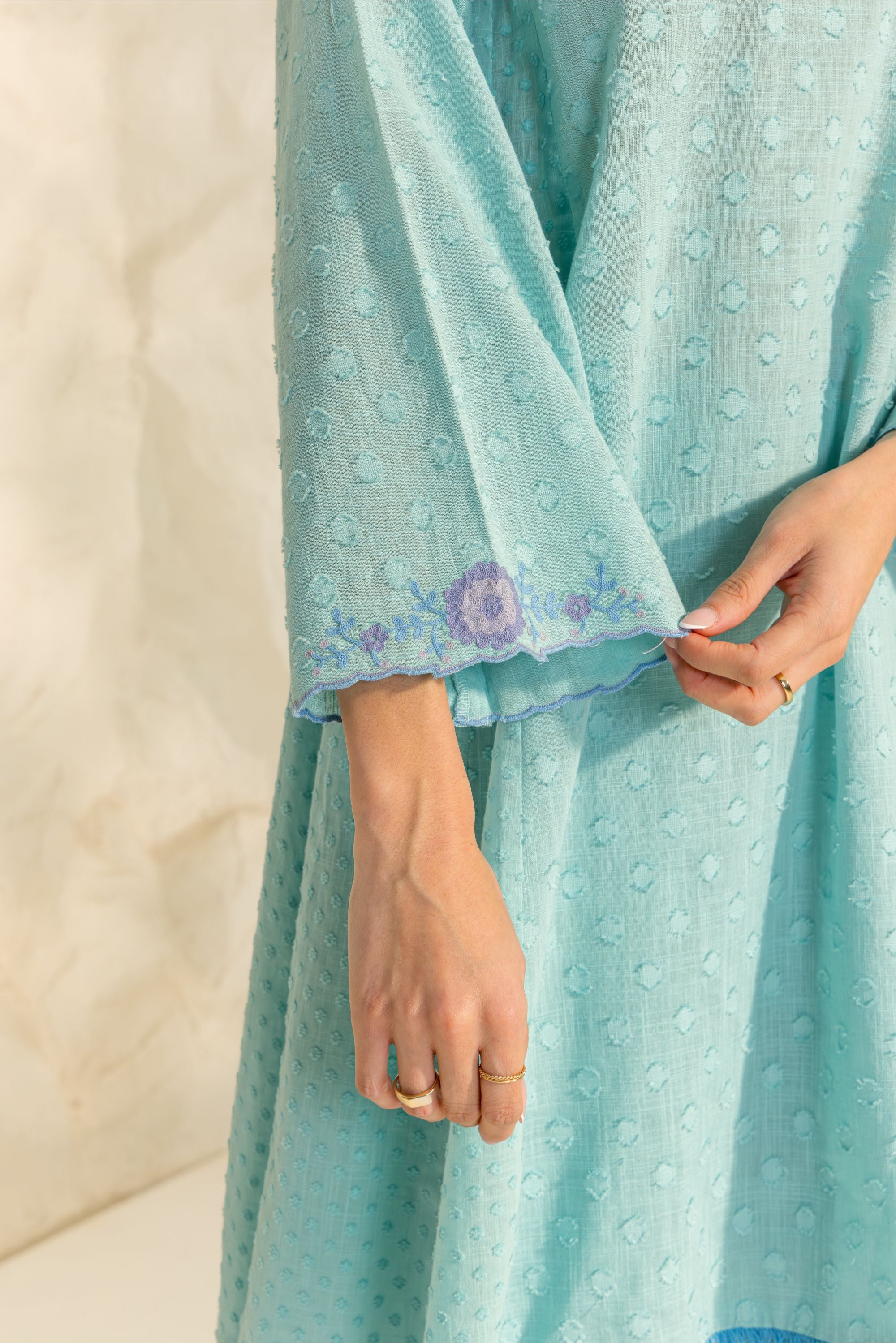Azra Blue Cotton Slub Jacquard Handcrafted Choga set with Aari Embroidery