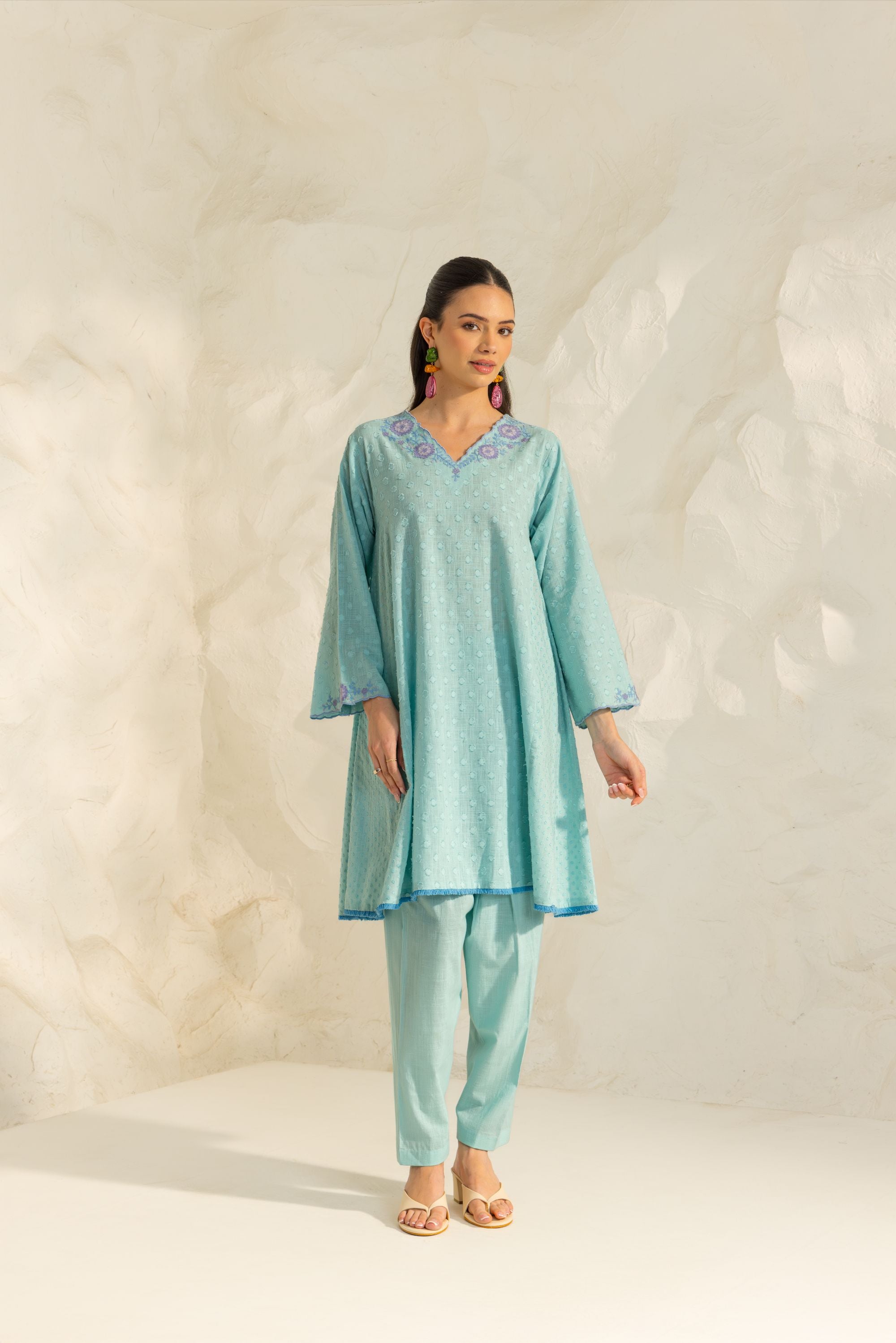 Azra Blue Cotton Slub Jacquard Handcrafted Choga set with Aari Embroidery
