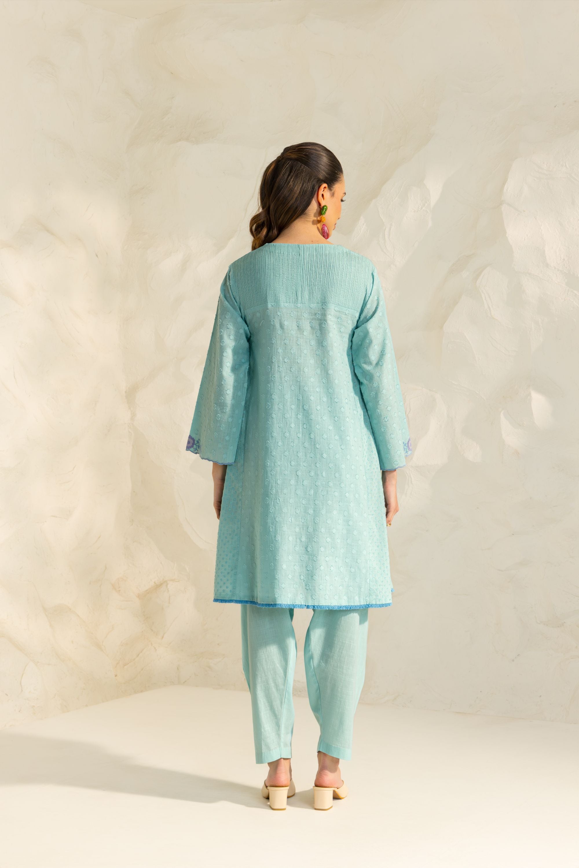 Azra Blue Cotton Slub Jacquard Handcrafted Choga set with Aari Embroidery