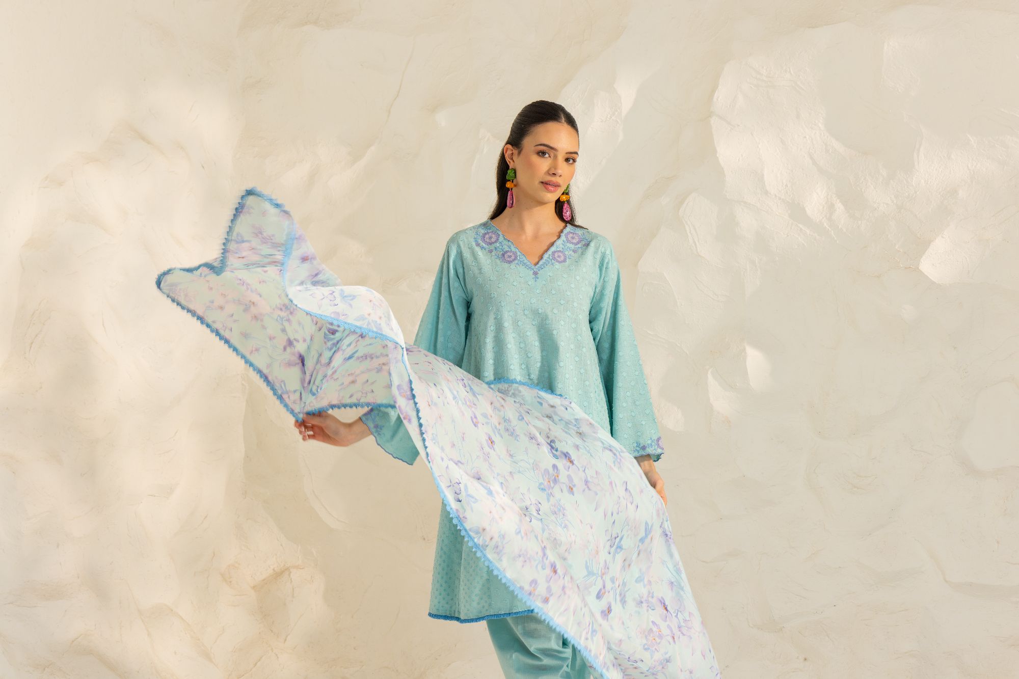 Azra Blue Cotton Slub Jacquard Handcrafted Choga set with Aari Embroidery