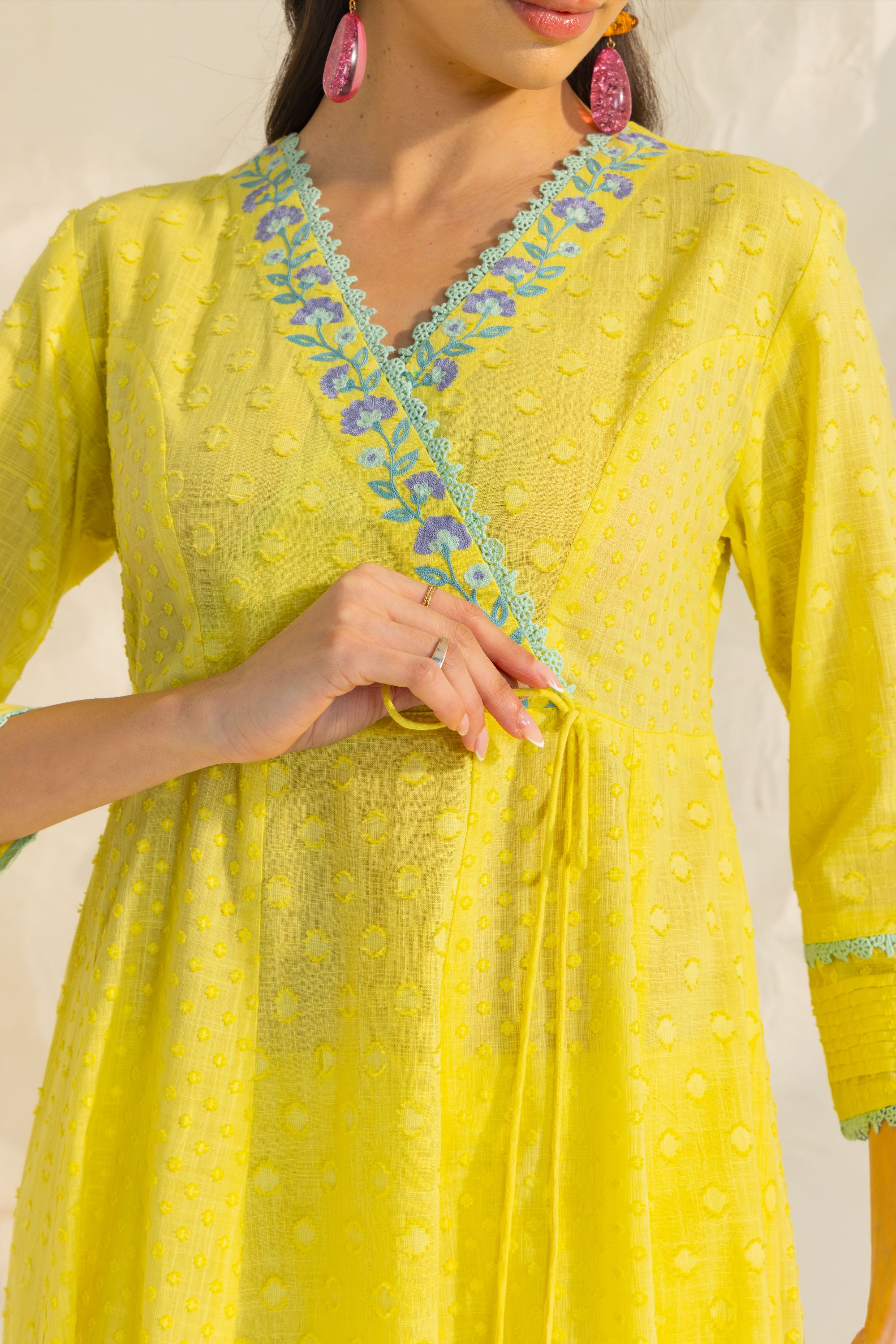 Elara Yellow Cotton Slub Jacquard Handcrafted Angrakha Set with Aari Embroidery