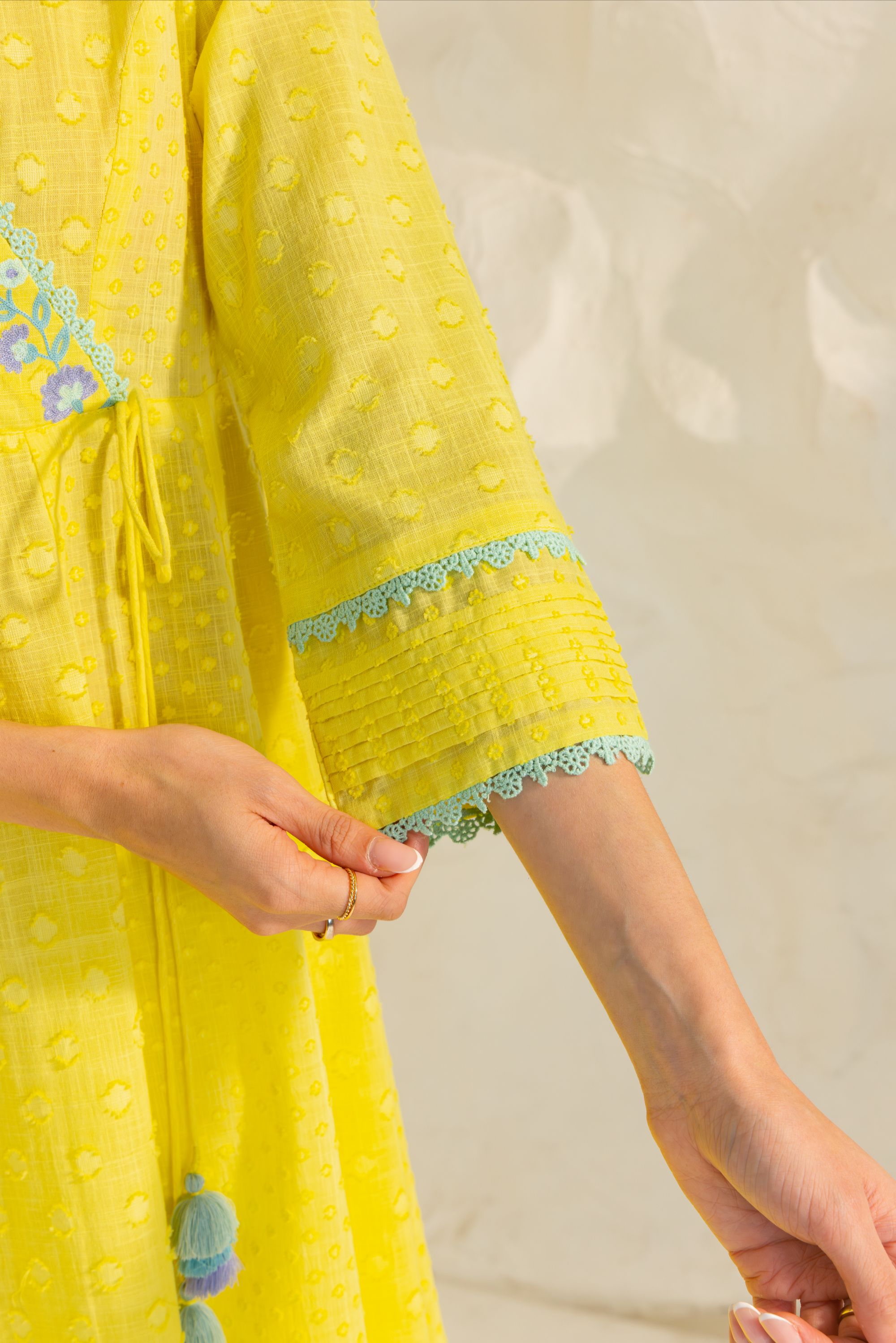 Elara Yellow Cotton Slub Jacquard Handcrafted Angrakha Set with Aari Embroidery
