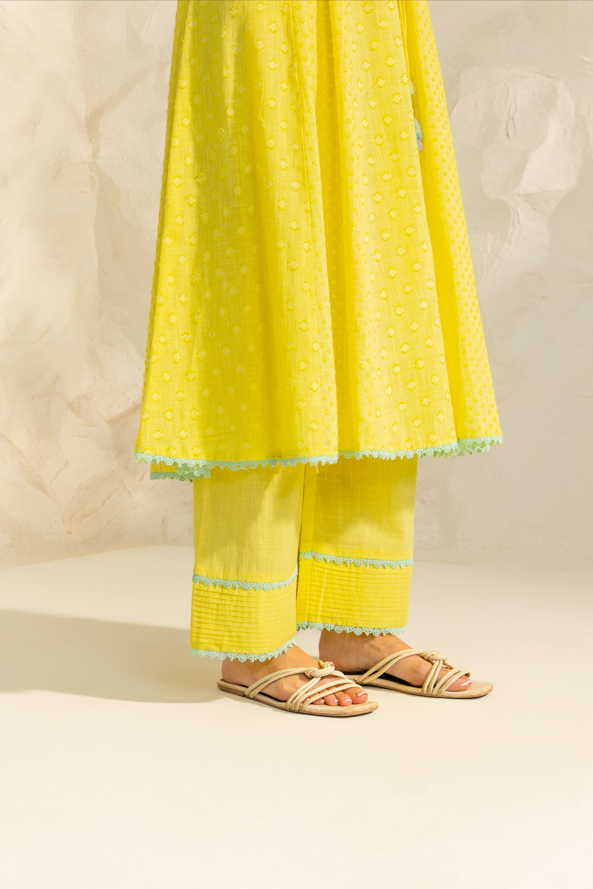 Elara Yellow Cotton Slub Jacquard Handcrafted Angrakha Set with Aari Embroidery