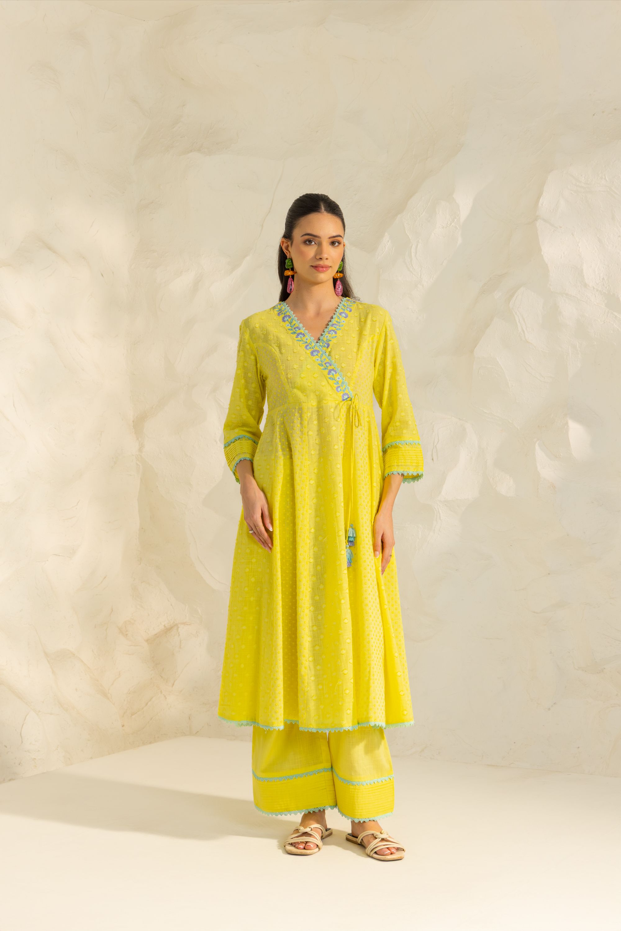 Elara Yellow Cotton Slub Jacquard Handcrafted Angrakha Set with Aari Embroidery