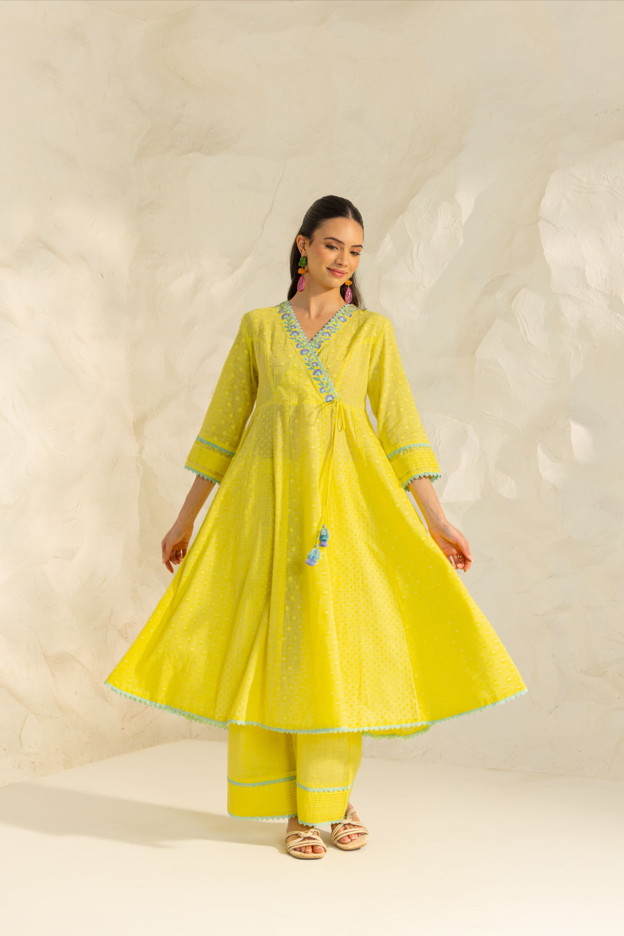 Elara Yellow Cotton Slub Jacquard Handcrafted Angrakha Set with Aari Embroidery