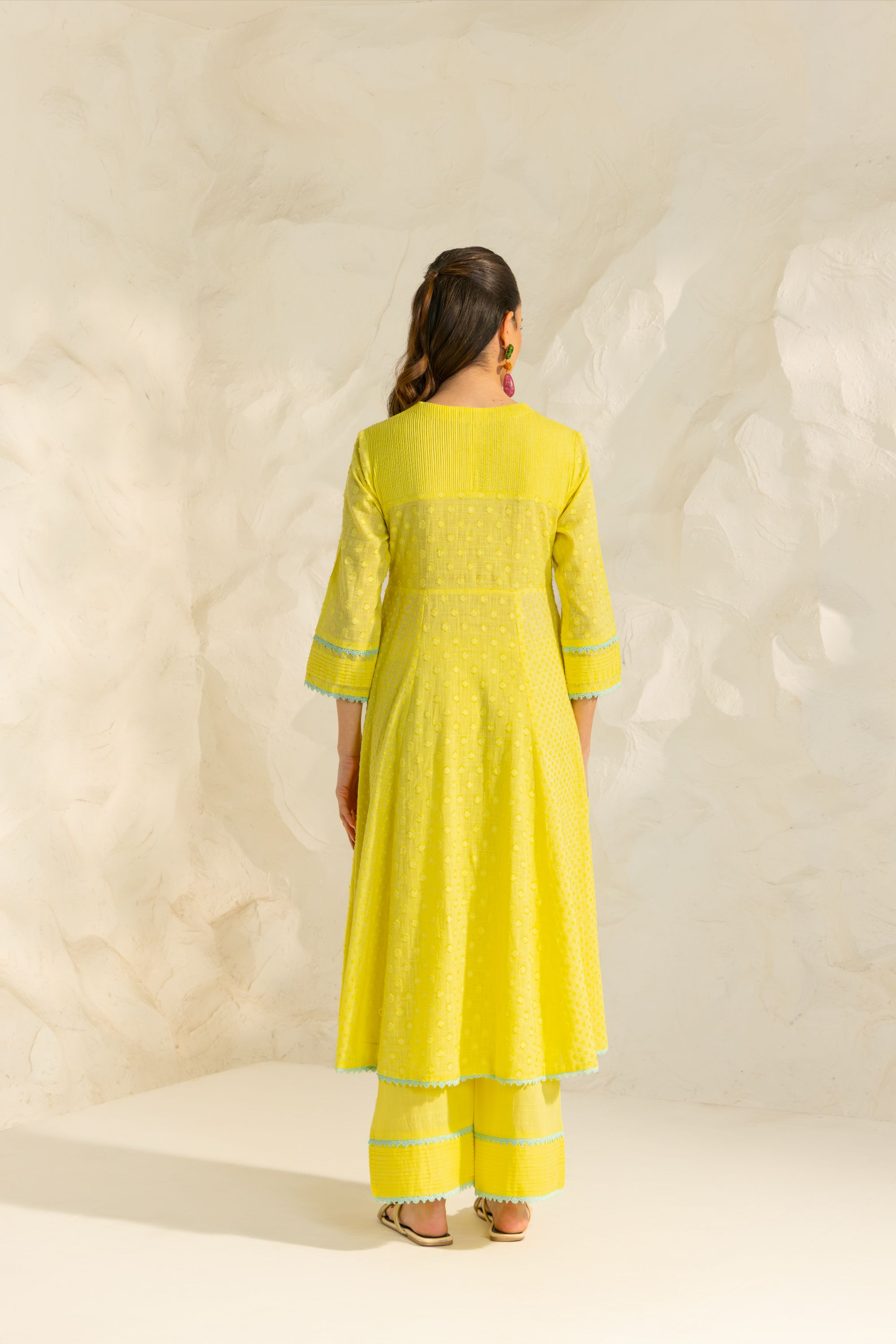 Elara Yellow Cotton Slub Jacquard Handcrafted Angrakha Set with Aari Embroidery