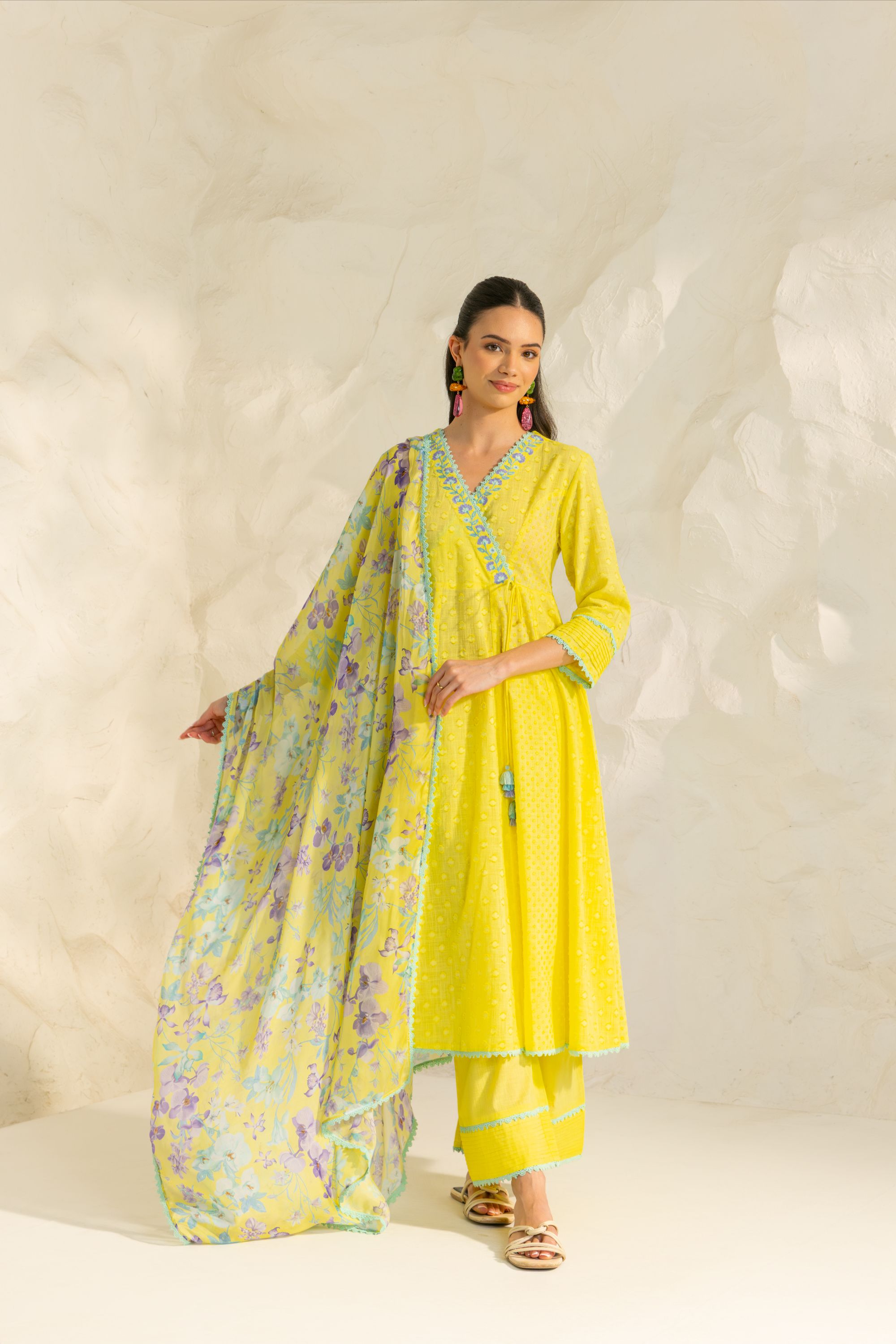 Elara Yellow Cotton Slub Jacquard Handcrafted Angrakha Set with Aari Embroidery
