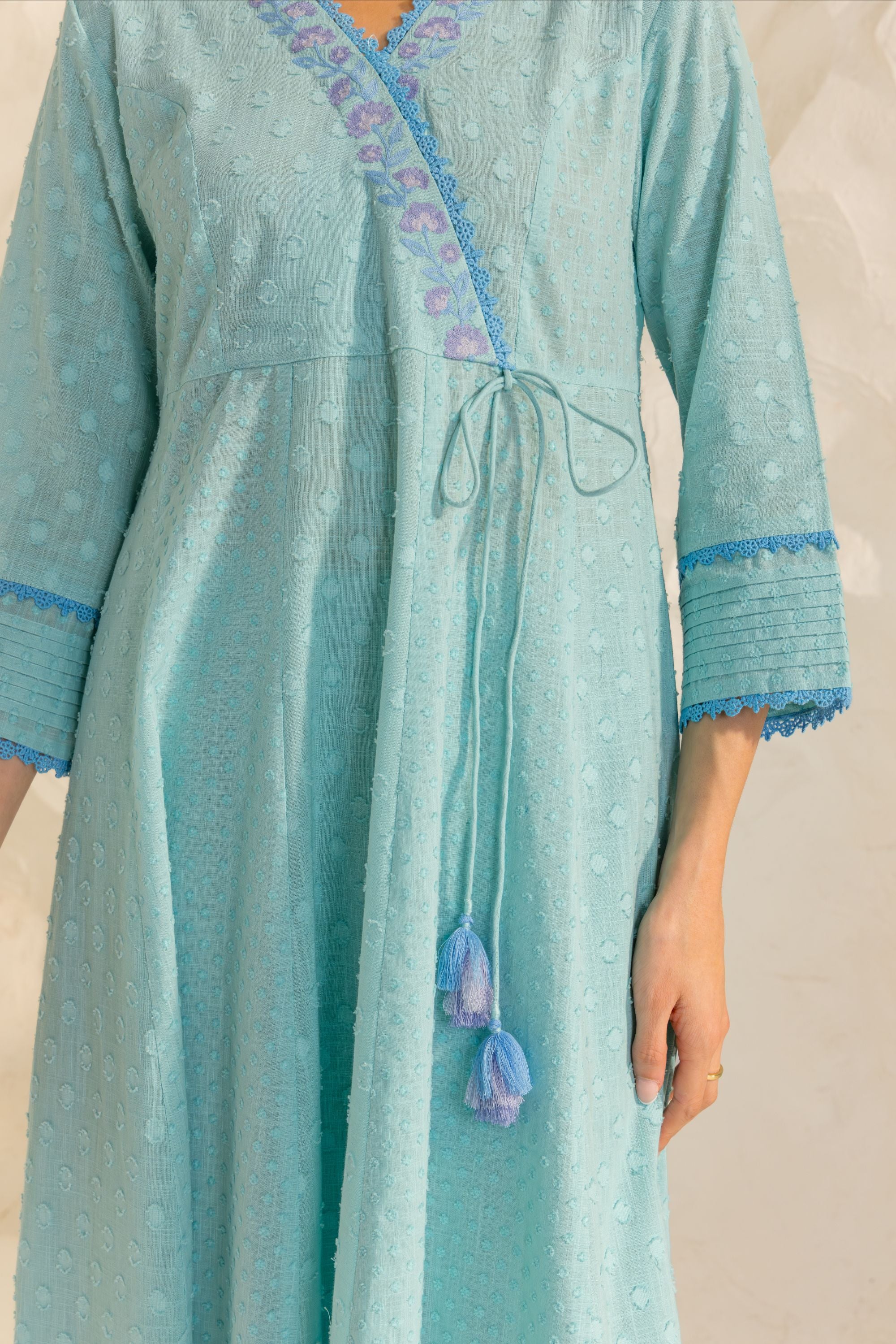 Elara Blue Cotton Slub Jacquard Handcrafted Angrakha Set with Aari Embroidery