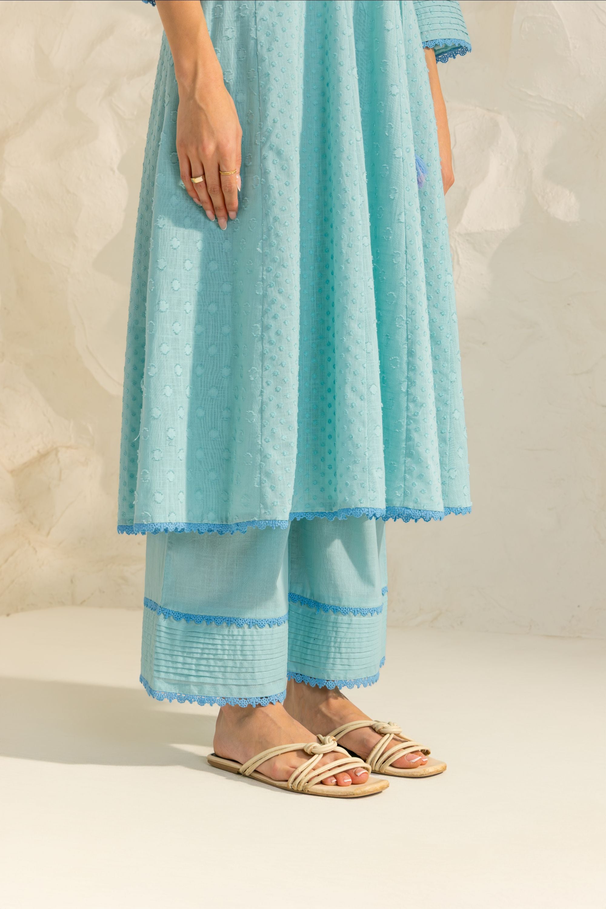 Elara Blue Cotton Slub Jacquard Handcrafted Angrakha Set with Aari Embroidery
