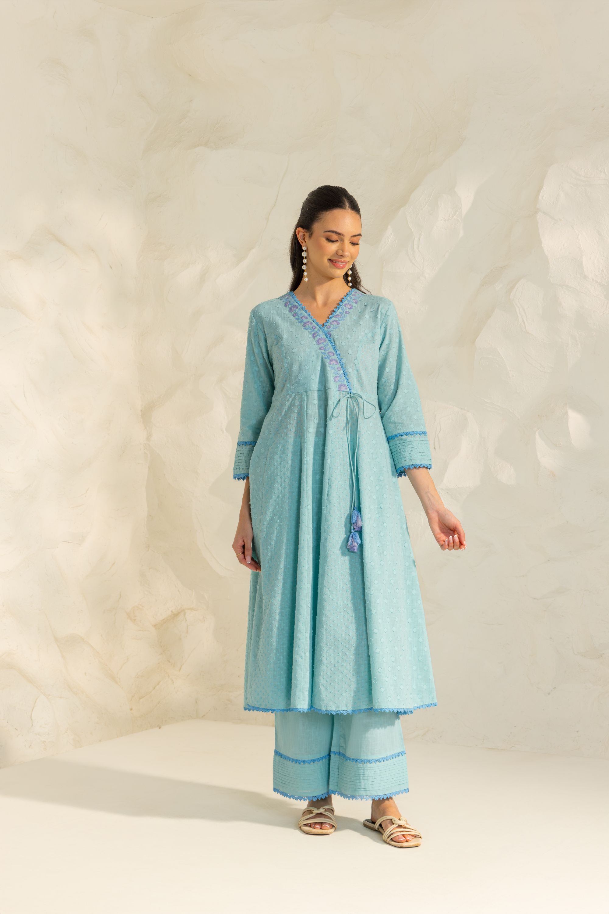 Elara Blue Cotton Slub Jacquard Handcrafted Angrakha Set with Aari Embroidery