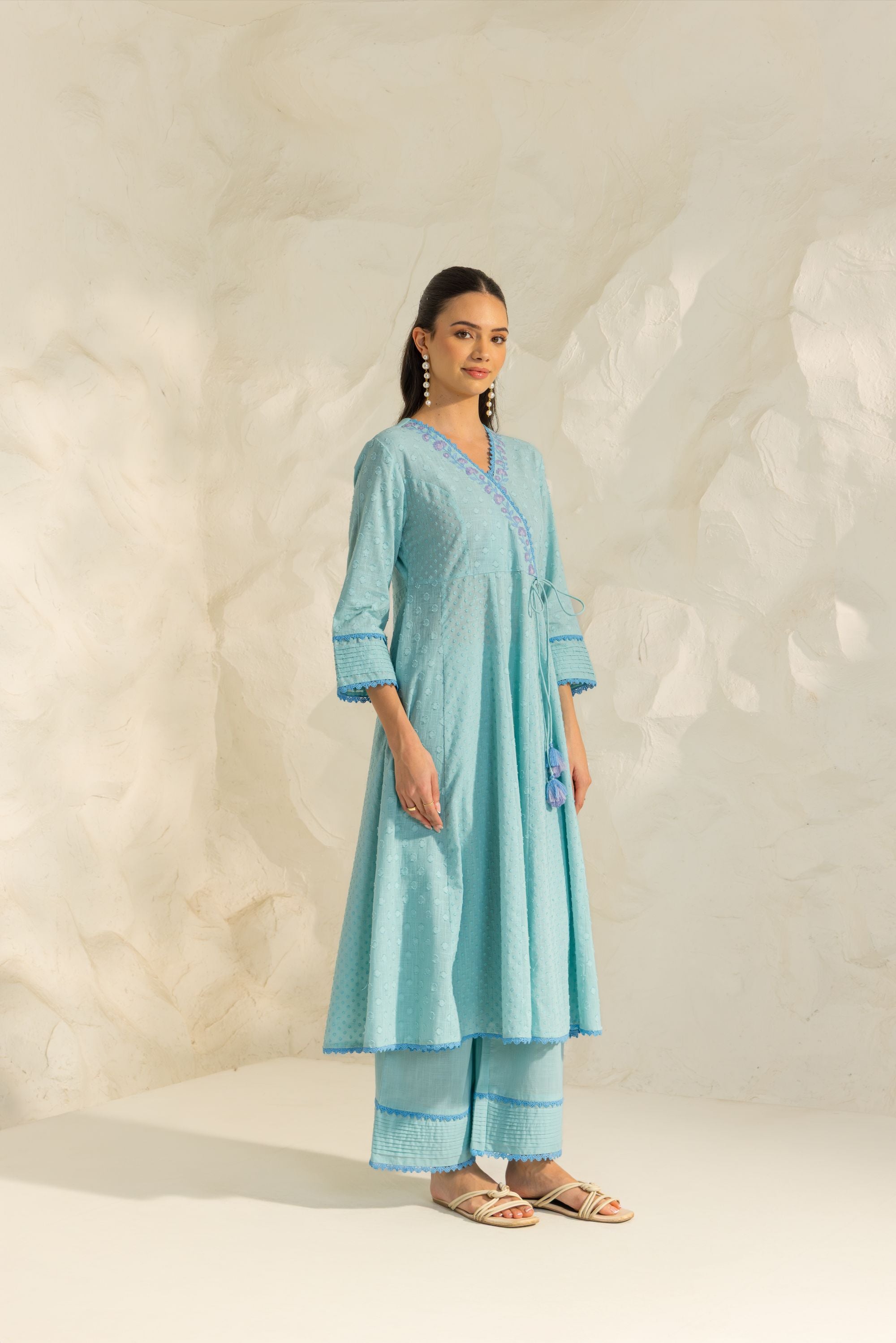 Elara Blue Cotton Slub Jacquard Handcrafted Angrakha Set with Aari Embroidery