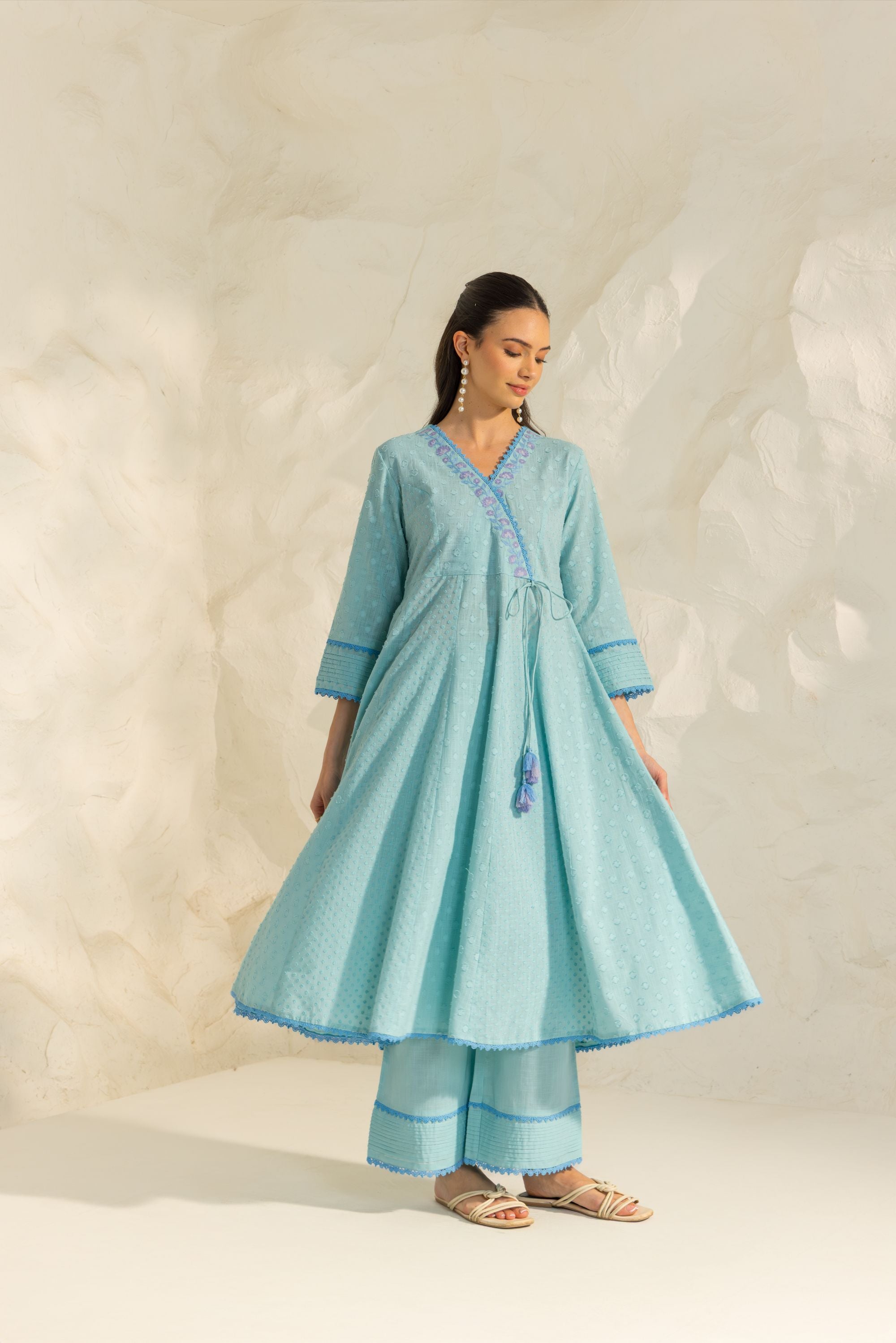 Elara Blue Cotton Slub Jacquard Handcrafted Angrakha Set with Aari Embroidery
