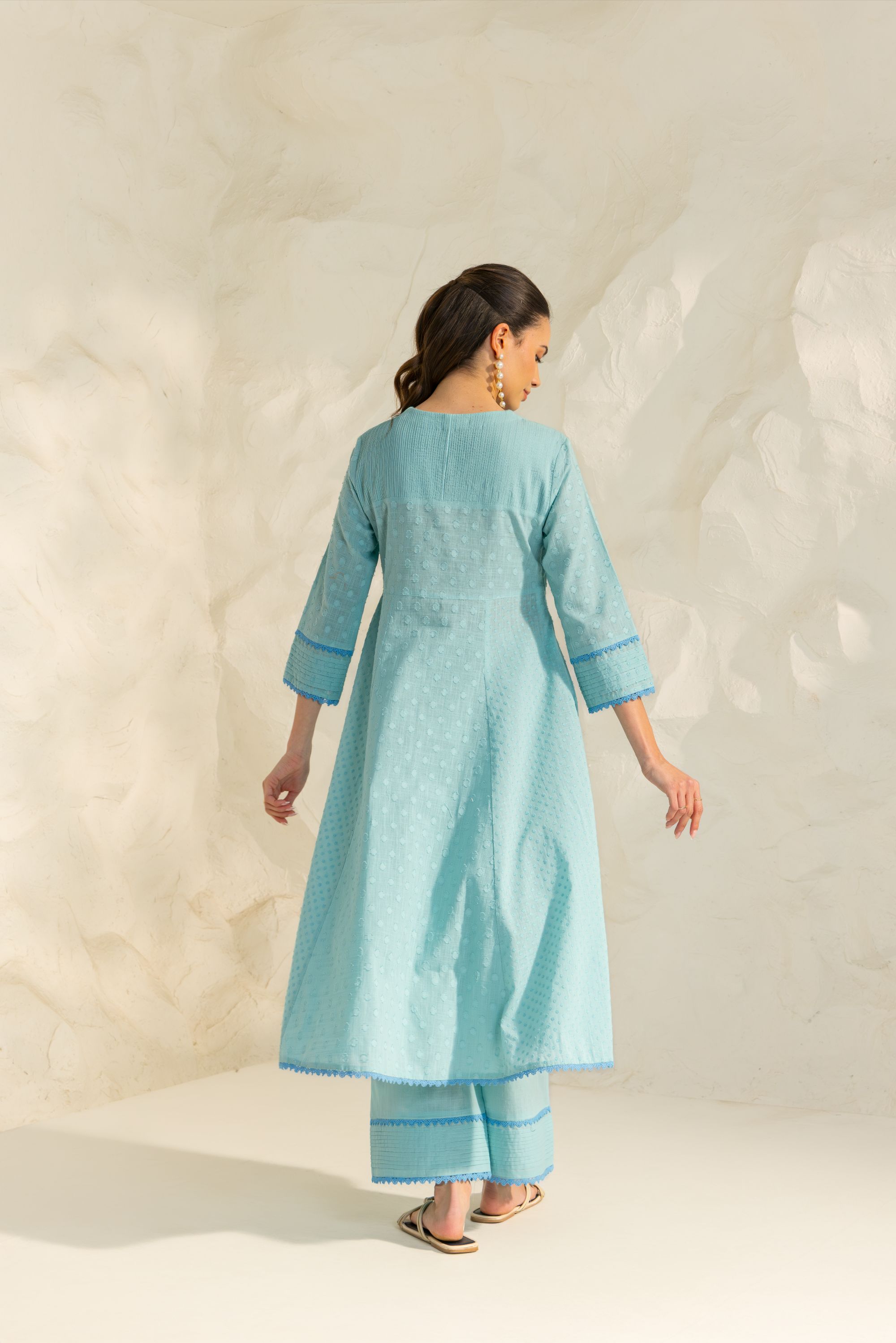 Elara Blue Cotton Slub Jacquard Handcrafted Angrakha Set with Aari Embroidery