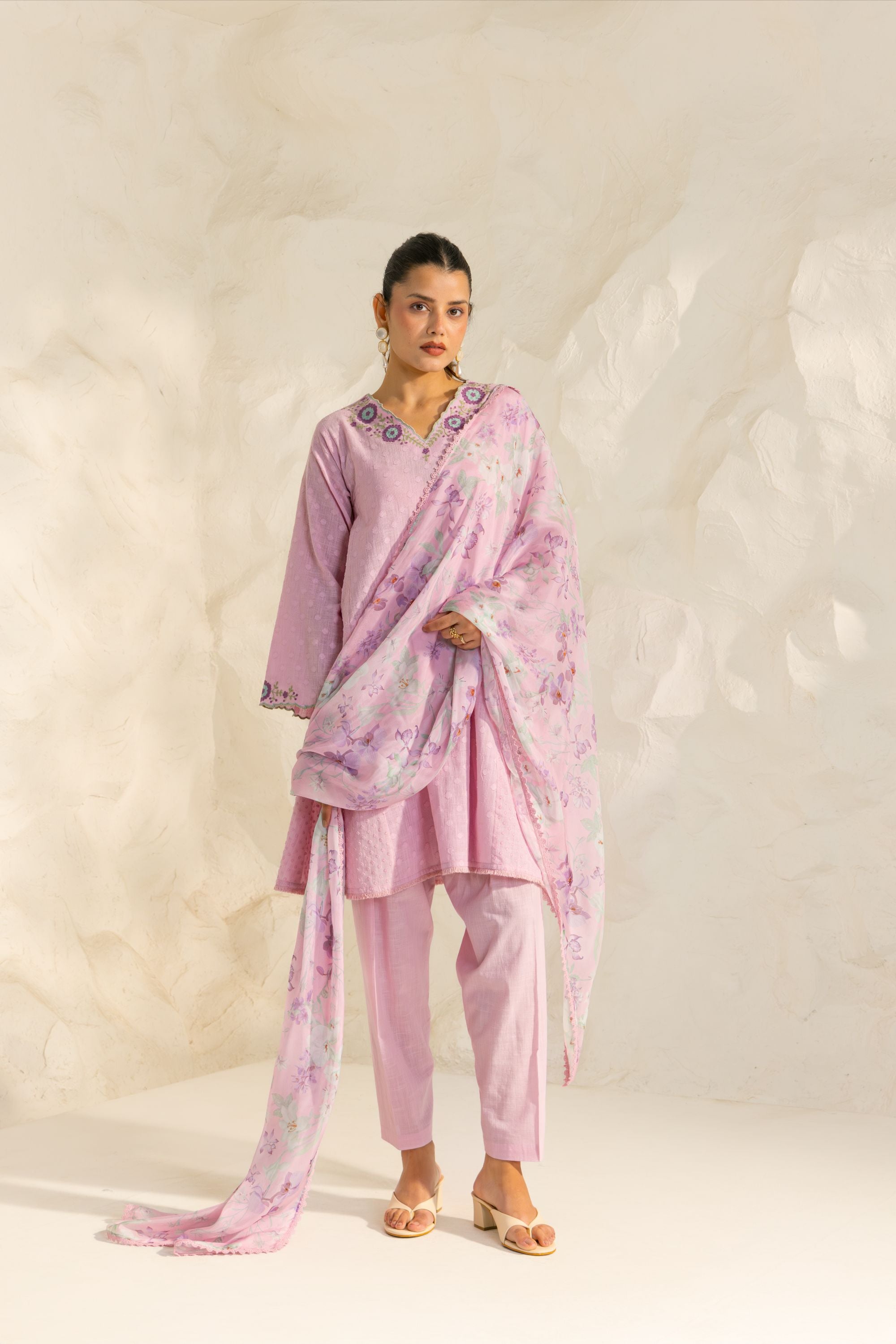 Azra Lavender Cotton Slub Jacquard Handcrafted Choga set with Aari Embroidery