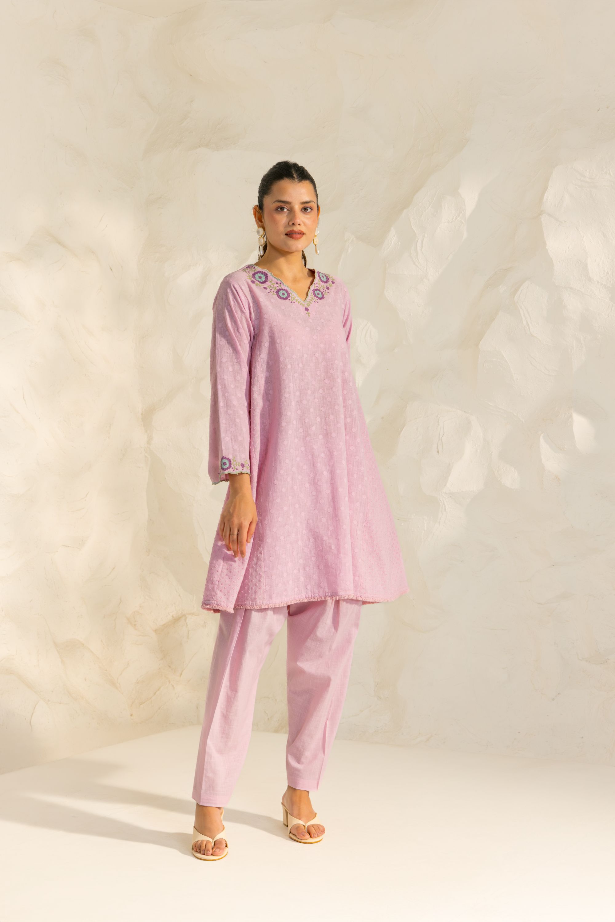 Azra Lavender Cotton Slub Jacquard Handcrafted Choga set with Aari Embroidery
