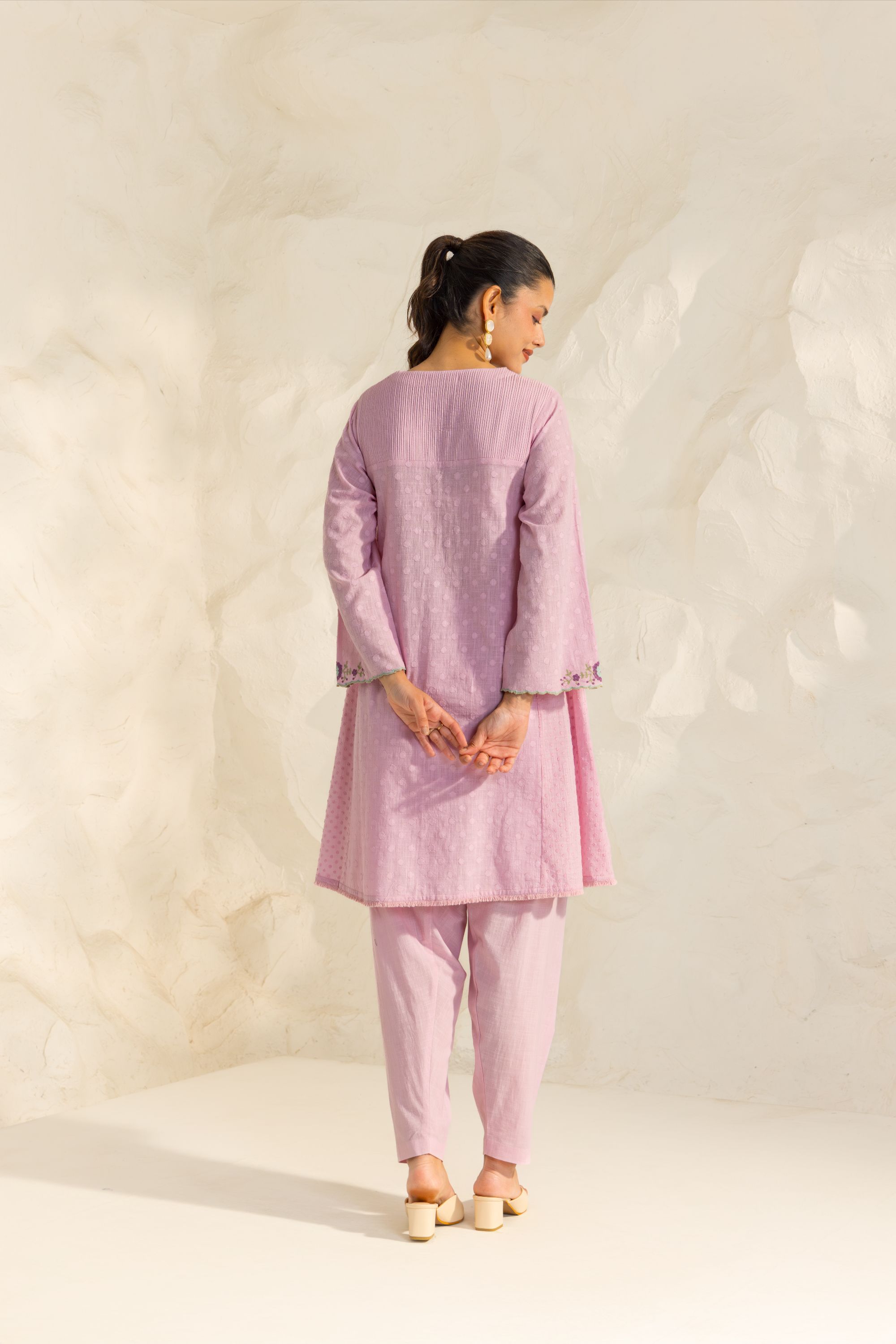 Azra Lavender Cotton Slub Jacquard Handcrafted Choga set with Aari Embroidery