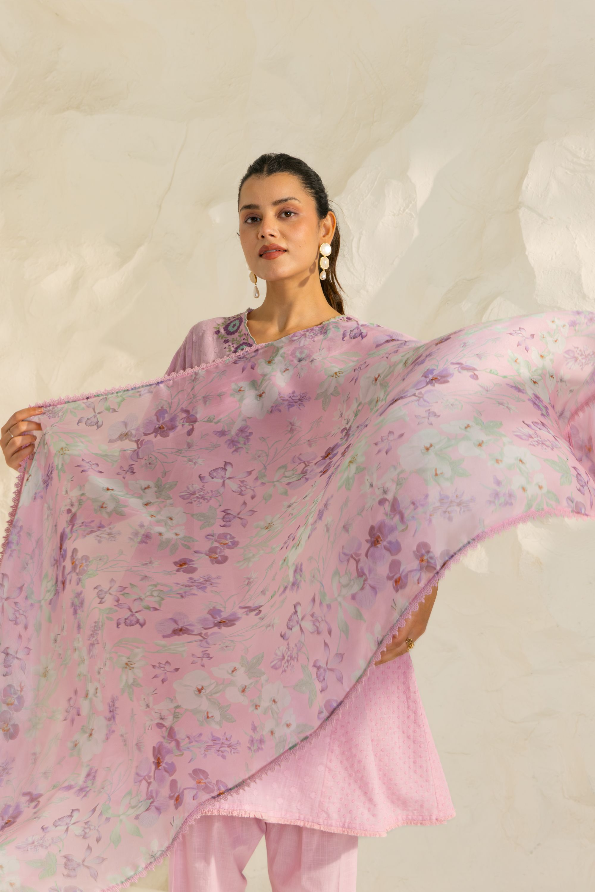 Azra Lavender Cotton Slub Jacquard Handcrafted Choga set with Aari Embroidery