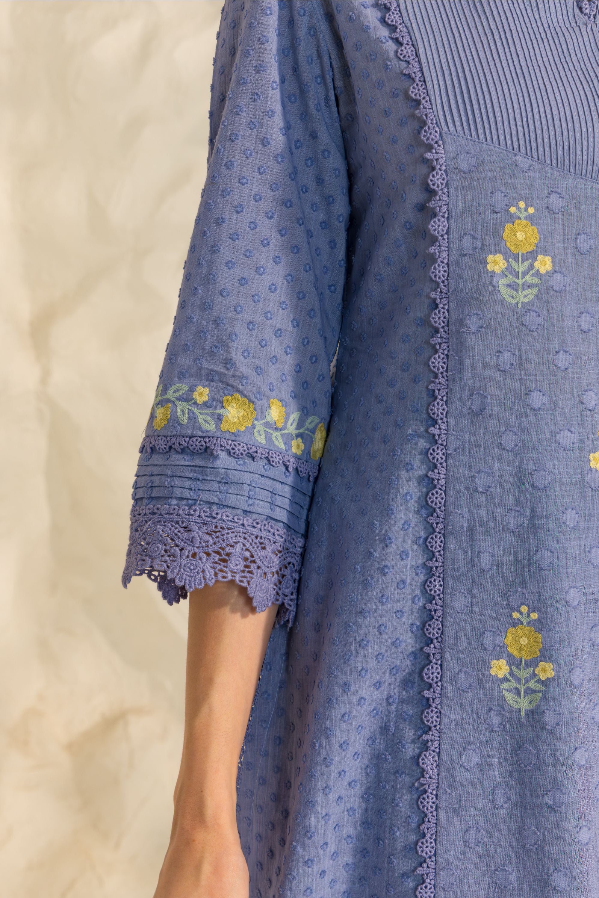 Laila Blue Cotton Slub Jacquard Handcrafted Short Kurta Set with Aari embroidery and Farshi Salwar