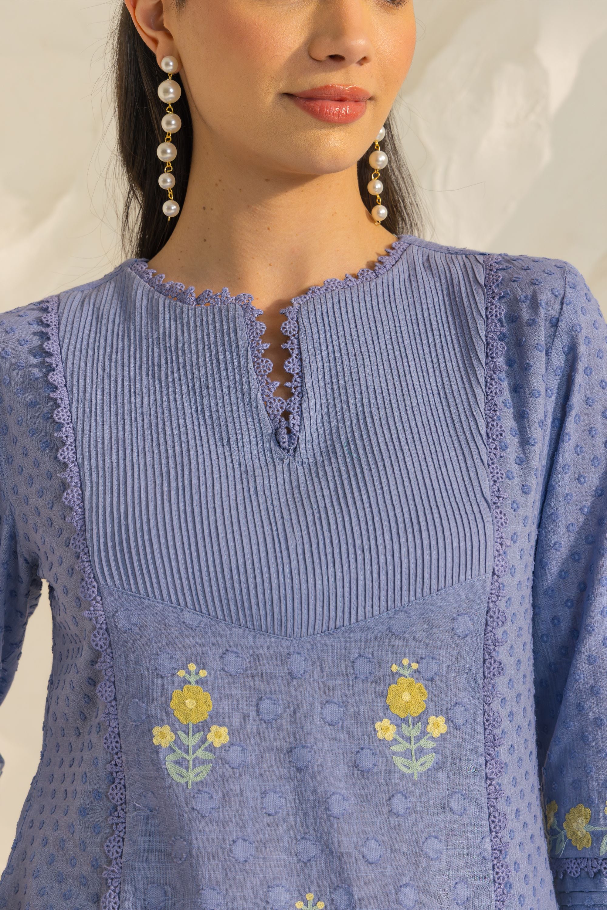 Laila Blue Cotton Slub Jacquard Handcrafted Short Kurta Set with Aari embroidery and Farshi Salwar