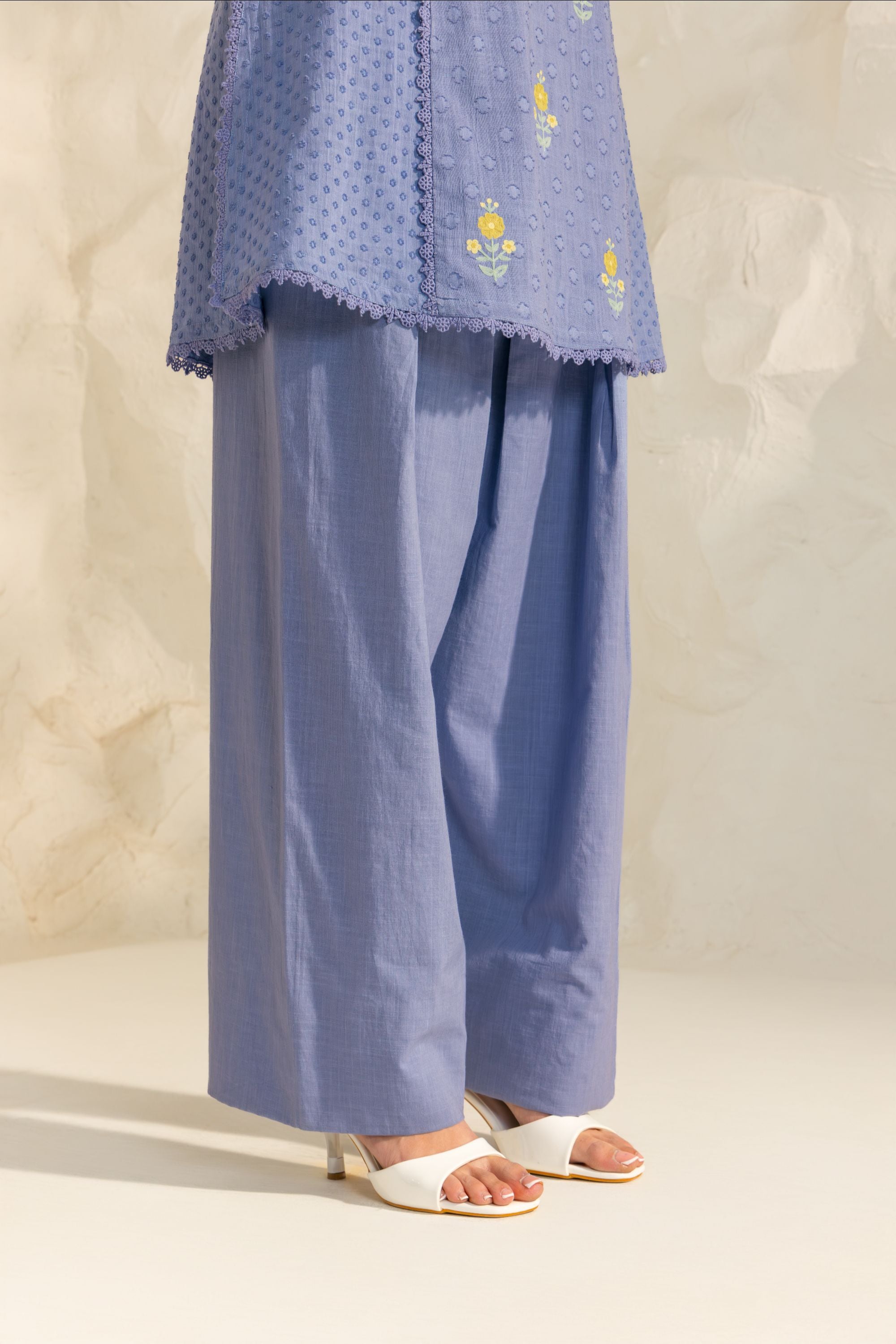 Laila Blue Cotton Slub Jacquard Handcrafted Short Kurta Set with Aari embroidery and Farshi Salwar