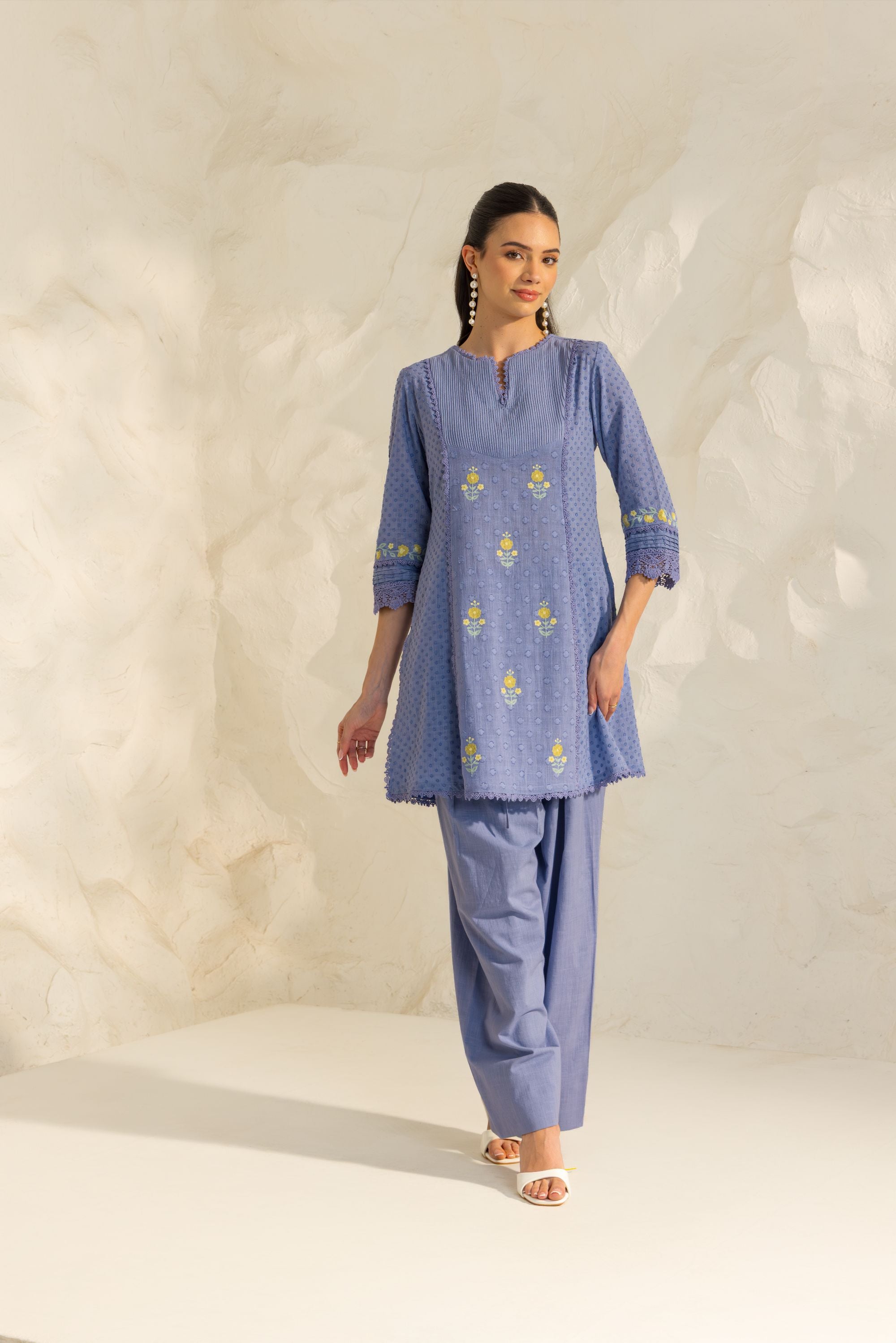 Laila Blue Cotton Slub Jacquard Handcrafted Short Kurta Set with Aari embroidery and Farshi Salwar