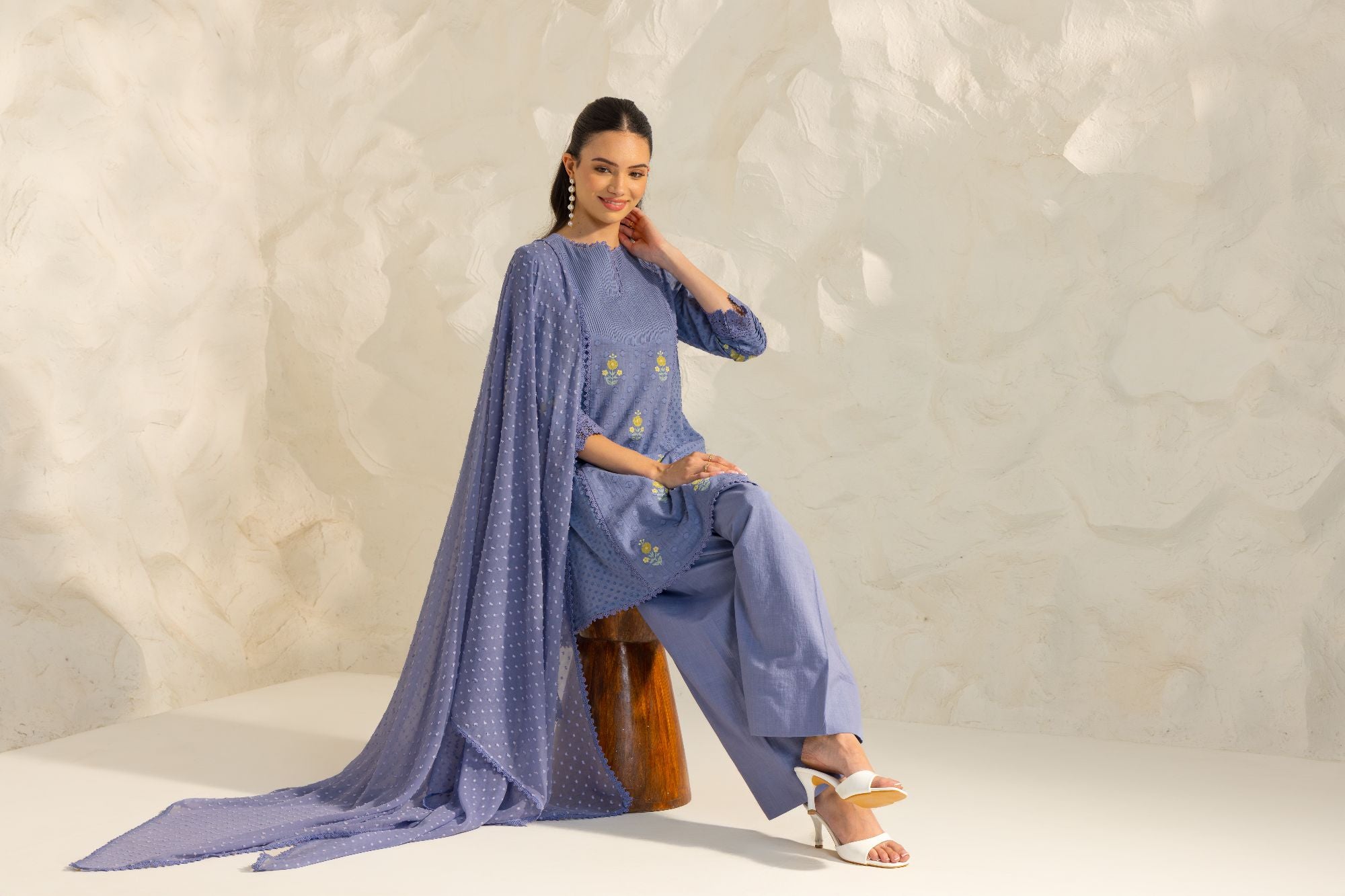 Laila Blue Cotton Slub Jacquard Handcrafted Short Kurta Set with Aari embroidery and Farshi Salwar