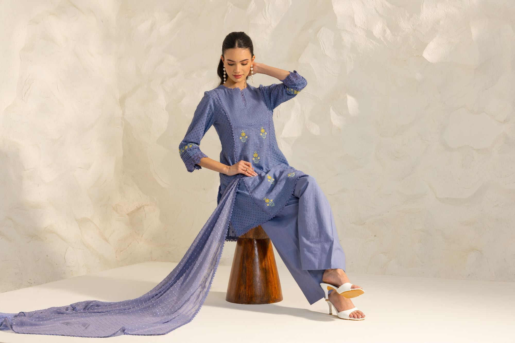 Laila Blue Cotton Slub Jacquard Handcrafted Short Kurta Set with Aari embroidery and Farshi Salwar