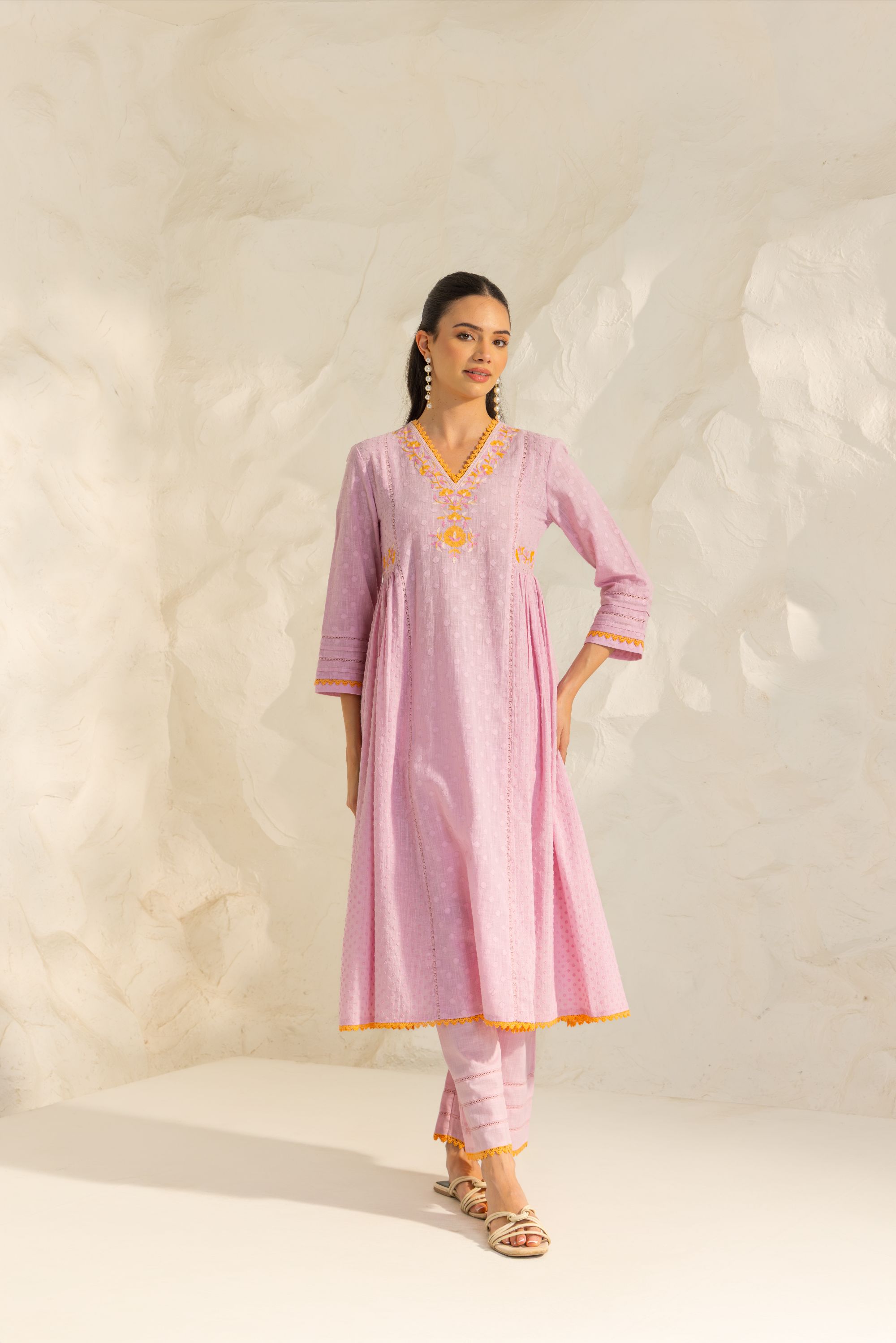 Aizah Lavender Cotton Slub Jacquard Handcrafted Kurta Set with Aari Embroidery