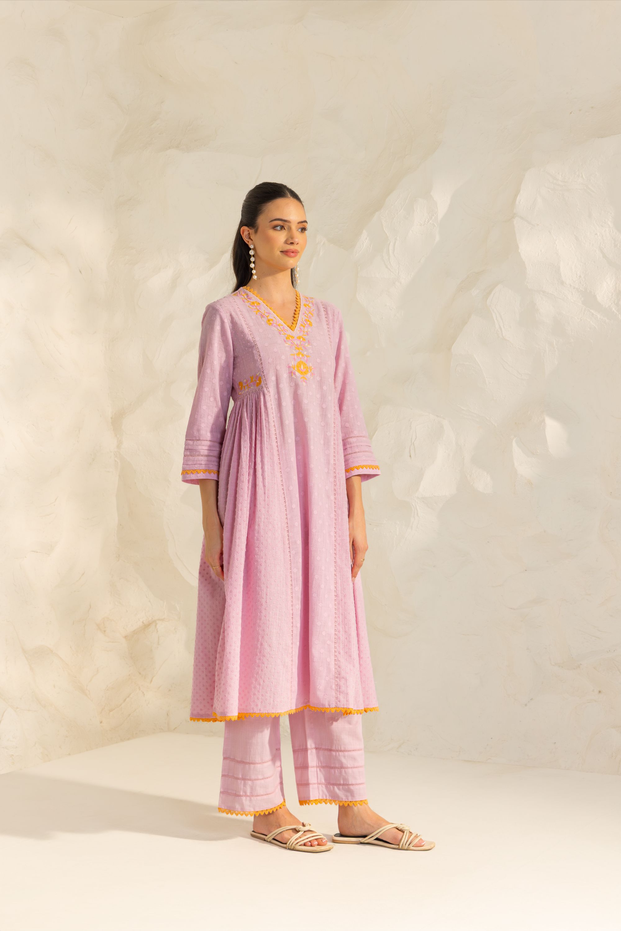 Aizah Lavender Cotton Slub Jacquard Handcrafted Kurta Set with Aari Embroidery