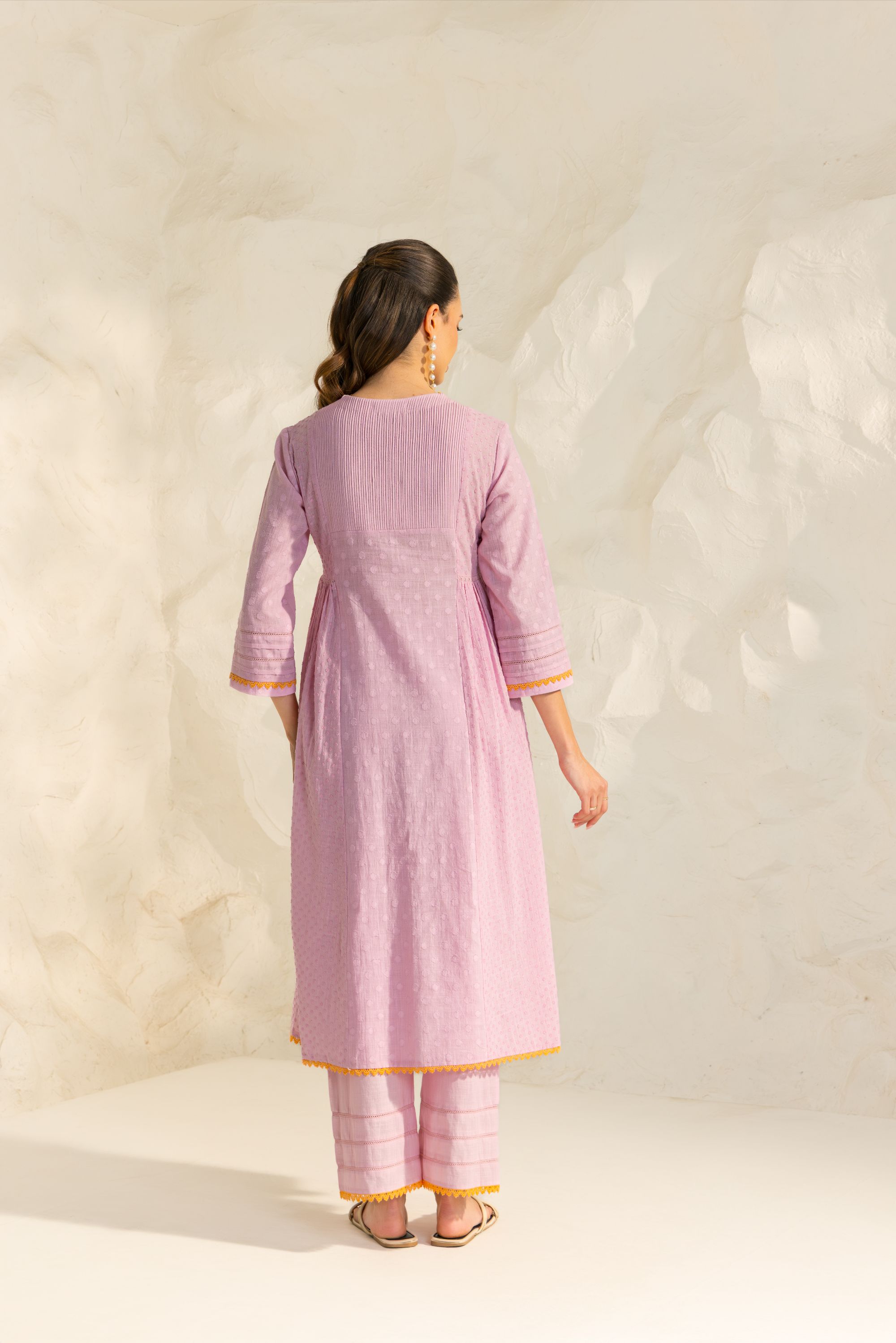 Aizah Lavender Cotton Slub Jacquard Handcrafted Kurta Set with Aari Embroidery