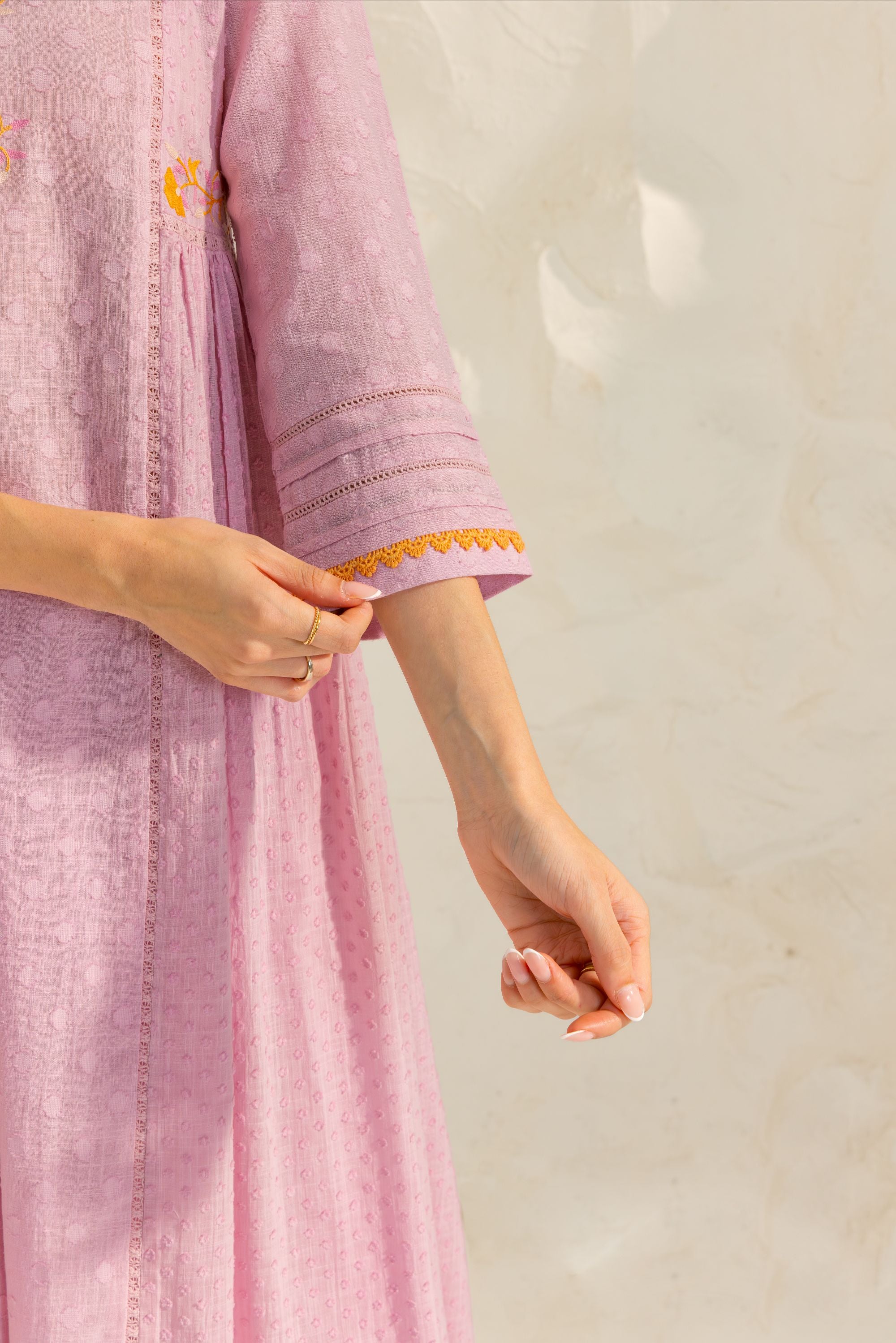 Aizah Lavender Cotton Slub Jacquard Handcrafted Kurta Set with Aari Embroidery