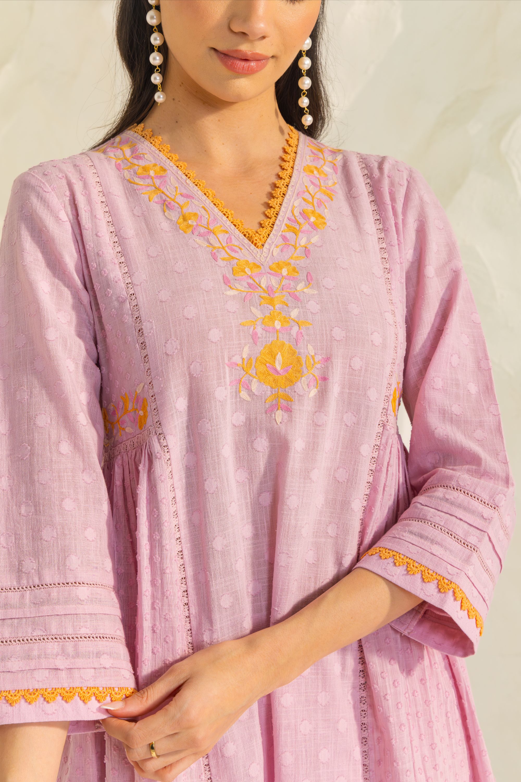 Aizah Lavender Cotton Slub Jacquard Handcrafted Kurta Set with Aari Embroidery