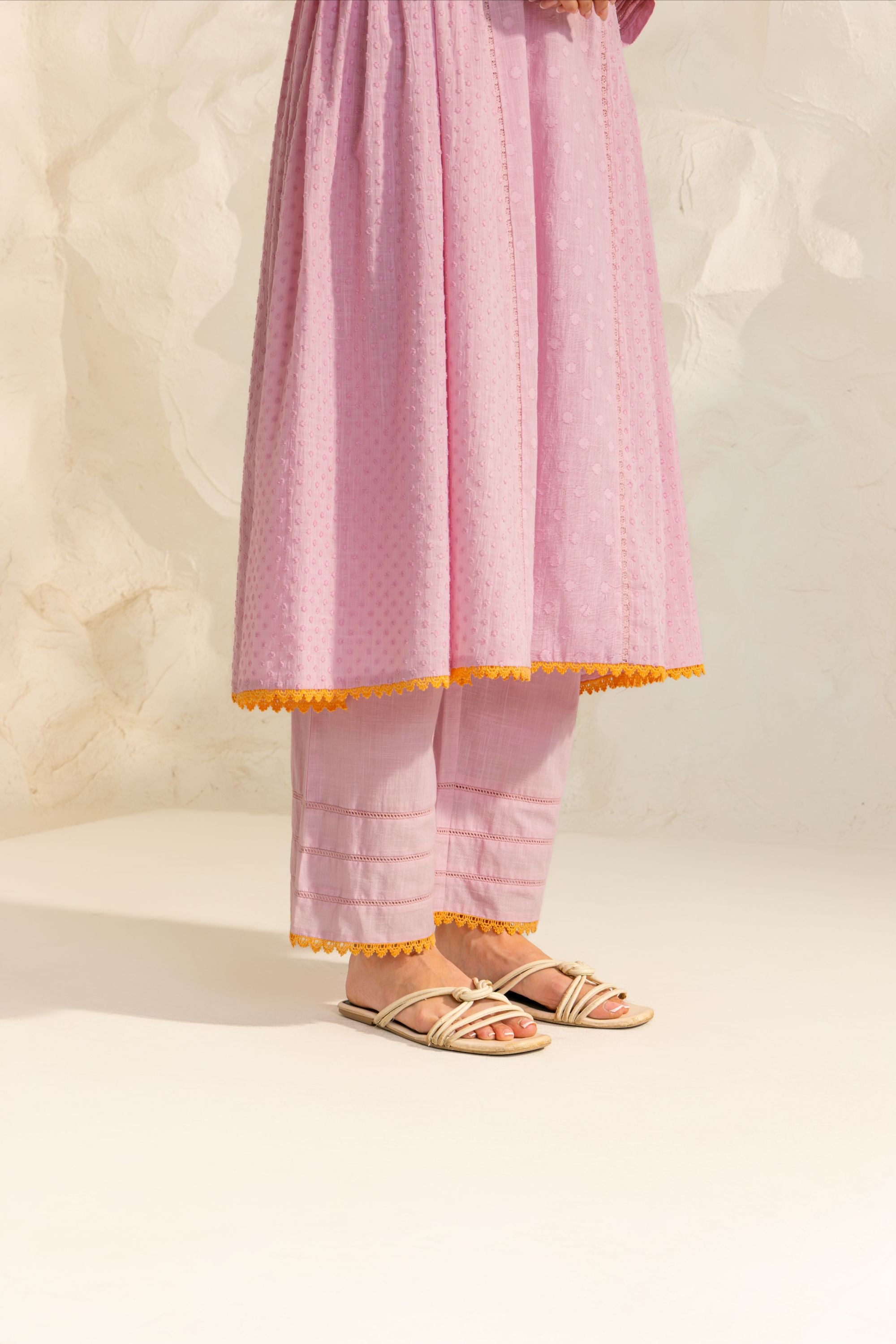 Aizah Lavender Cotton Slub Jacquard Handcrafted Kurta Set with Aari Embroidery