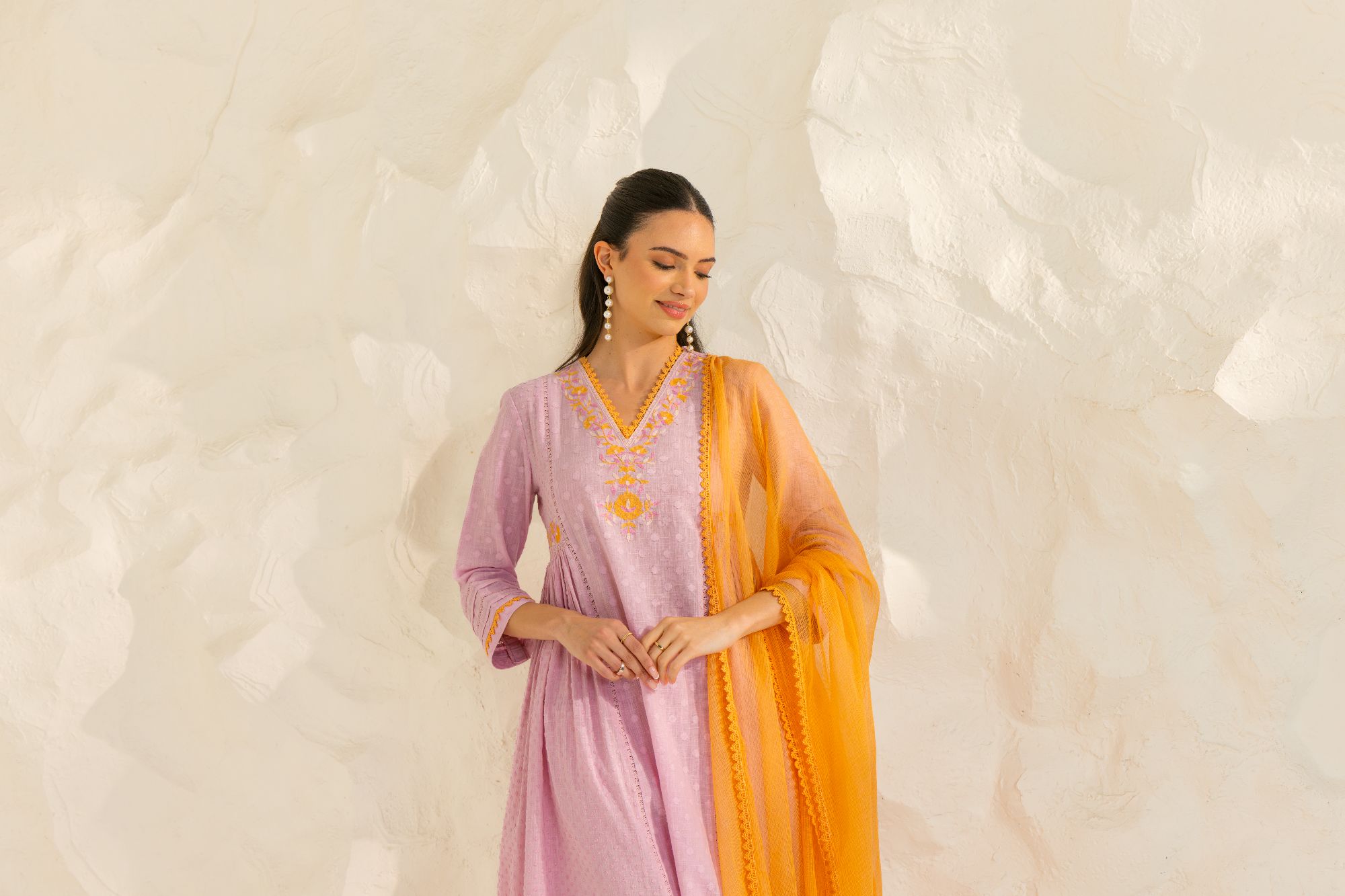 Aizah Lavender Cotton Slub Jacquard Handcrafted Kurta Set with Aari Embroidery