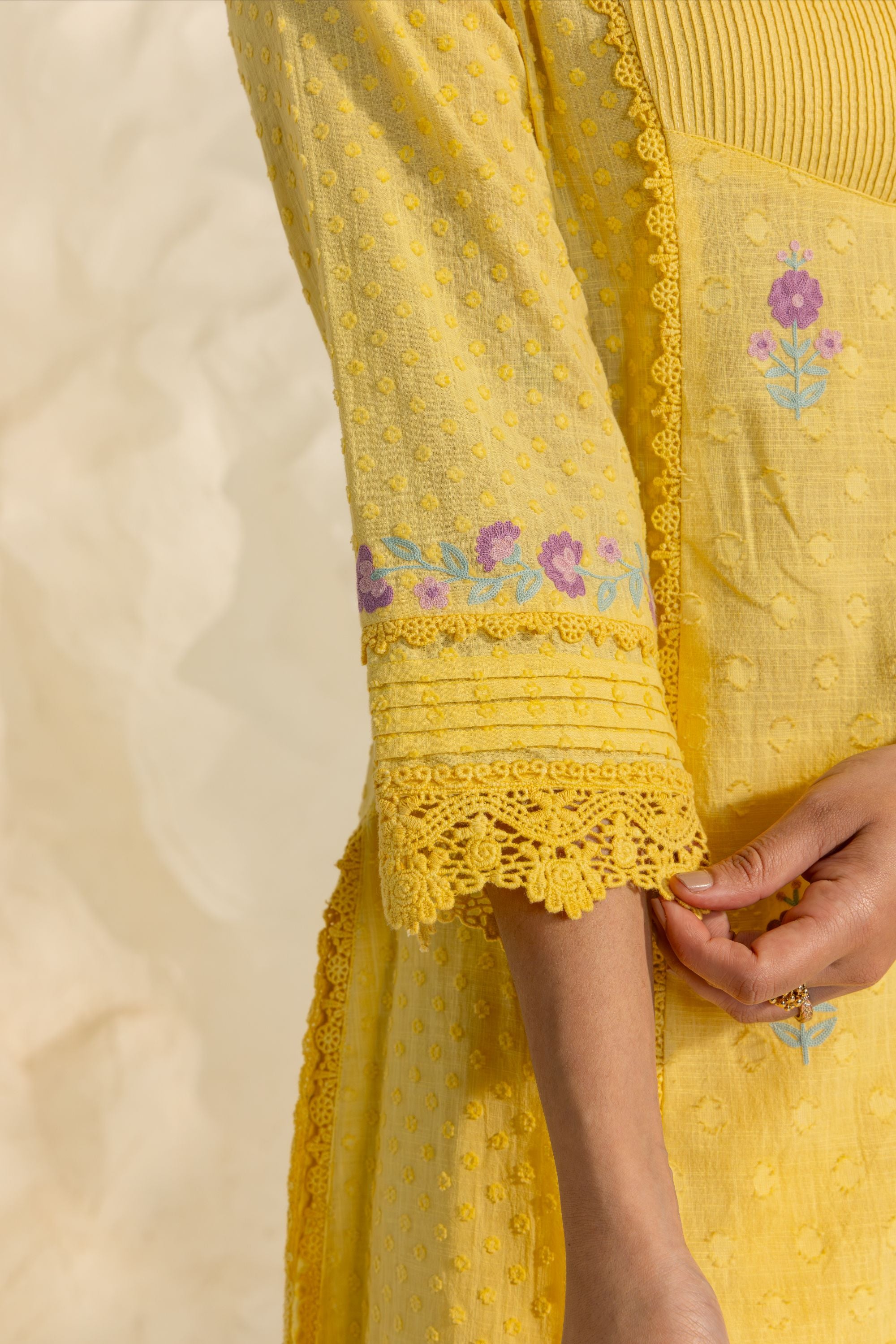 Laila Yellow Cotton Slub Jacquard Handcrafted Short Kurta Set with Aari embroidery and Farshi Salwar