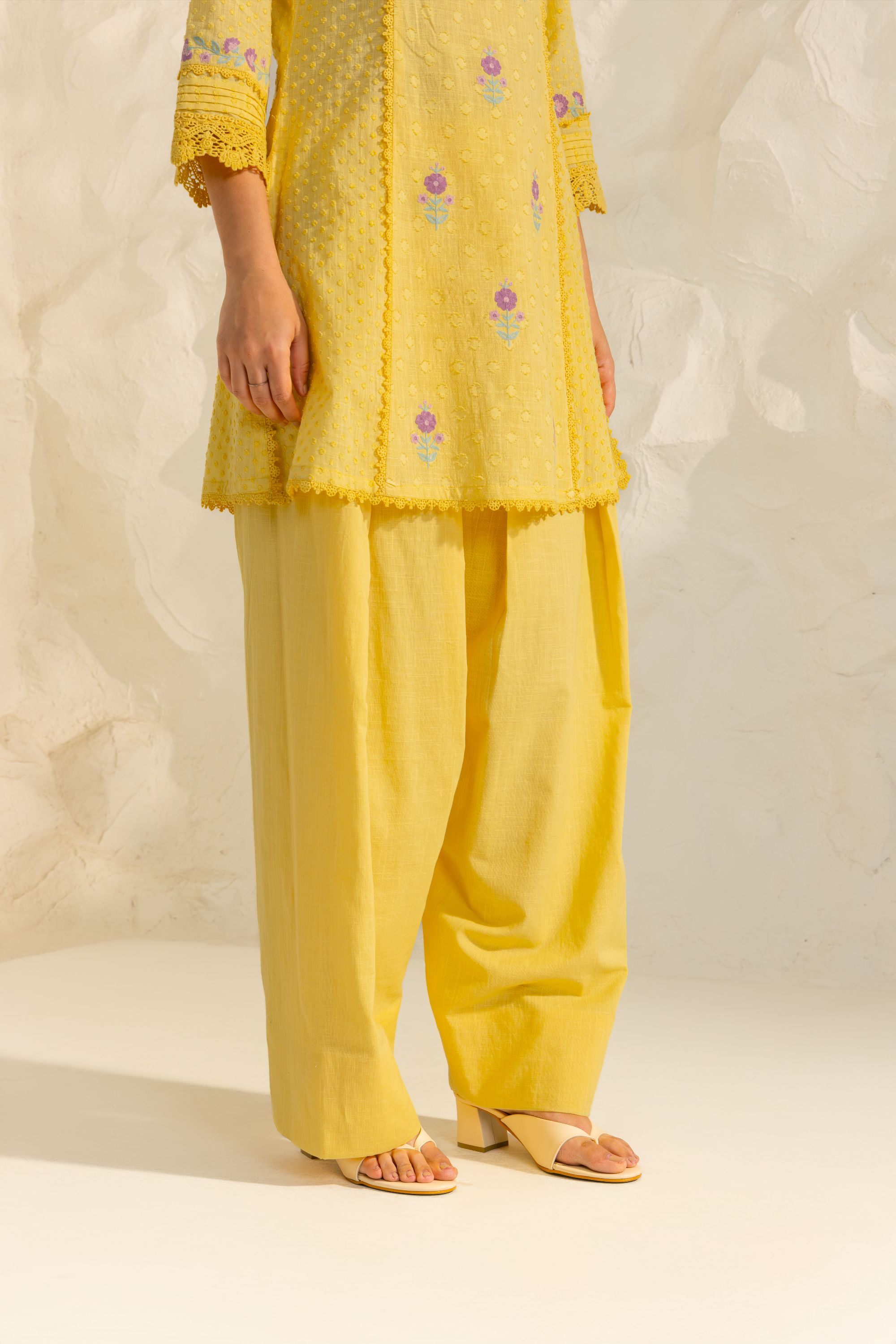 Laila Yellow Cotton Slub Jacquard Handcrafted Short Kurta Set with Aari embroidery and Farshi Salwar