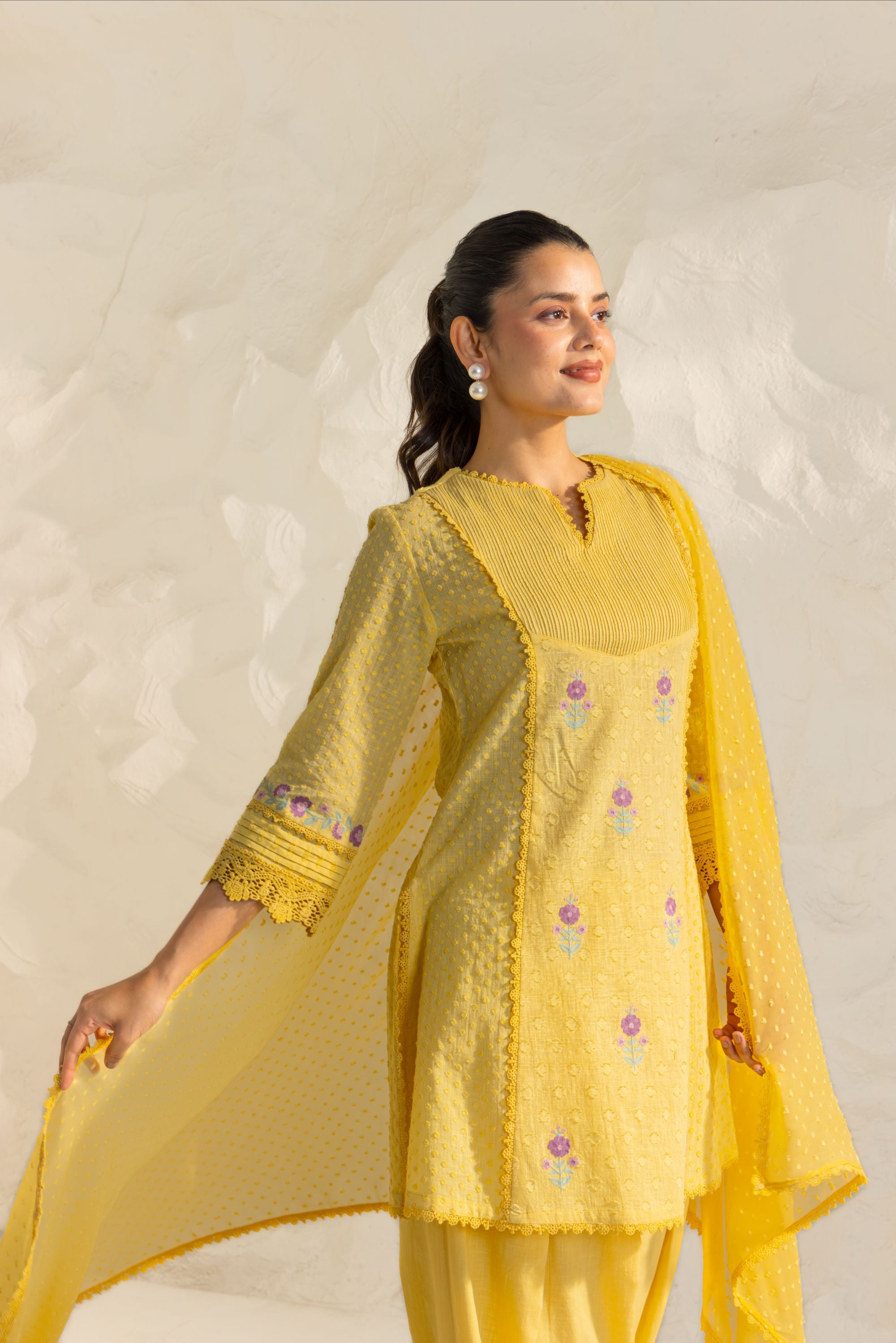 Laila Yellow Cotton Slub Jacquard Handcrafted Short Kurta Set with Aari embroidery and Farshi Salwar