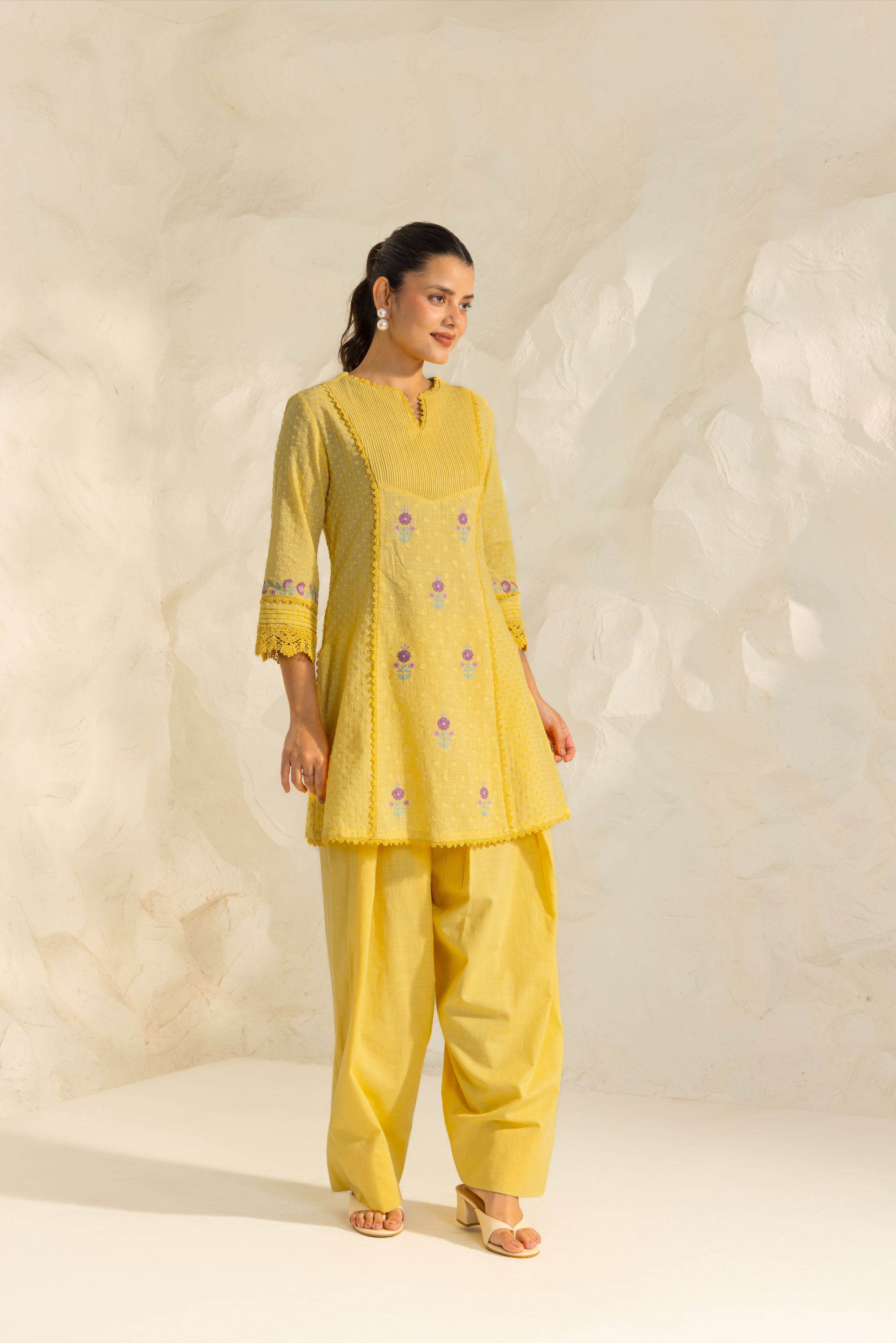 Laila Yellow Cotton Slub Jacquard Handcrafted Short Kurta Set with Aari embroidery and Farshi Salwar